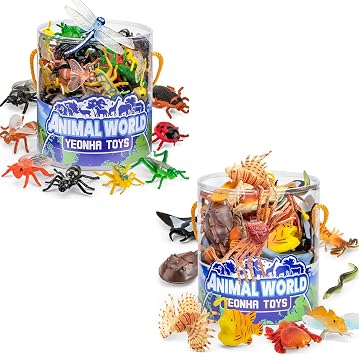 60 Pcs Insect and 48 Pcs Sea Animals Toys with Gift Box, Realistic Small Plastic Bug&Ocean Animal Figure Sensory Bins, Fake Bug Theme Party Decoration, Cupcake Topper, Halloween Goody Bag Filler Gift