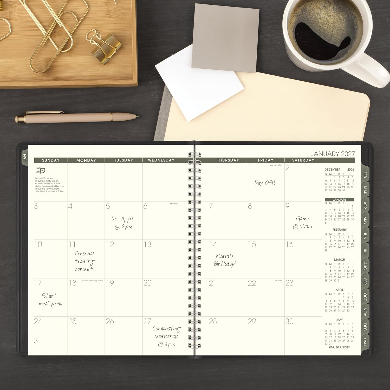 AT-A-GLANCE 2027 Planner, Monthly, 7" x 8.75", Tabbed, Unruled Daily Blocks, Recycled Black (70120G0527)