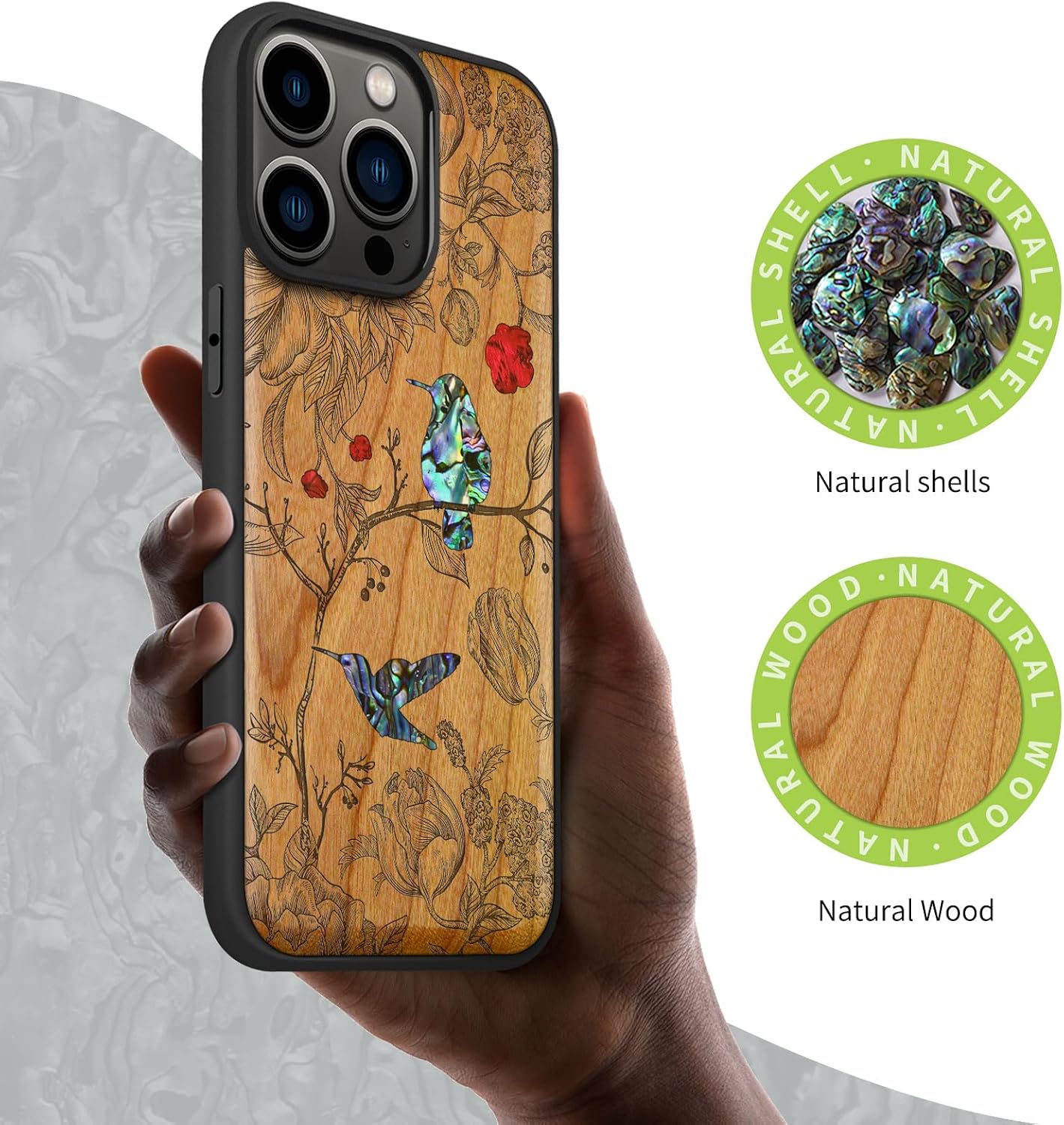 Carveit Designer Wooden Protective Magnetic Case for iPhone 14 Pro Max Case [Wood Engraving & Shell Inlay] Compatible with 14 Pro Max MagSafe (A Dance of Flora and Avian-Cherry)