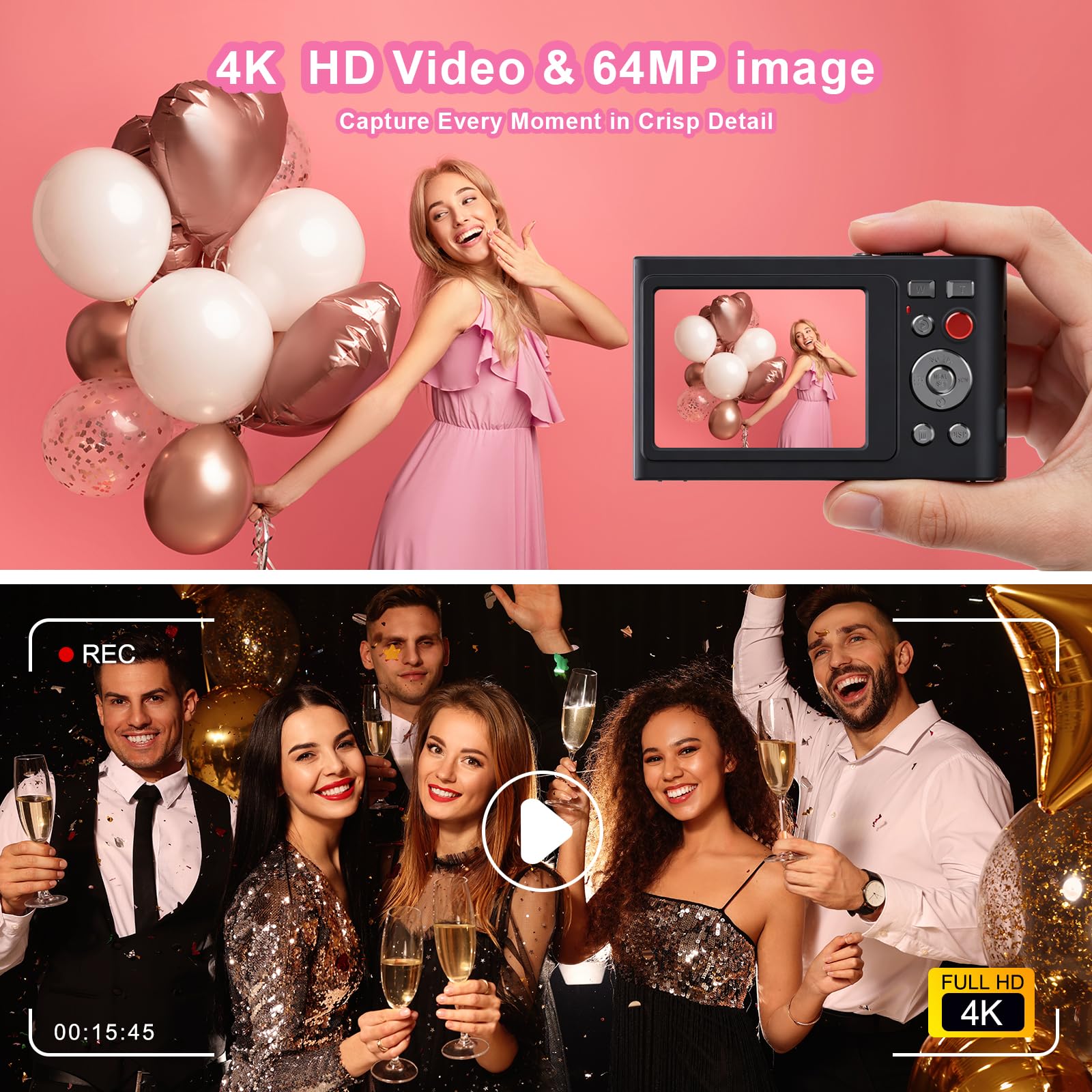 Fotocamera digitale, fotocamera FHD 5K con scheda da 32 GB, cordino, zoom 16X anti vibrazione, fotocamera compatta portatile da 64 MP, regalo per studenti, bambini e adolescenti (nero)