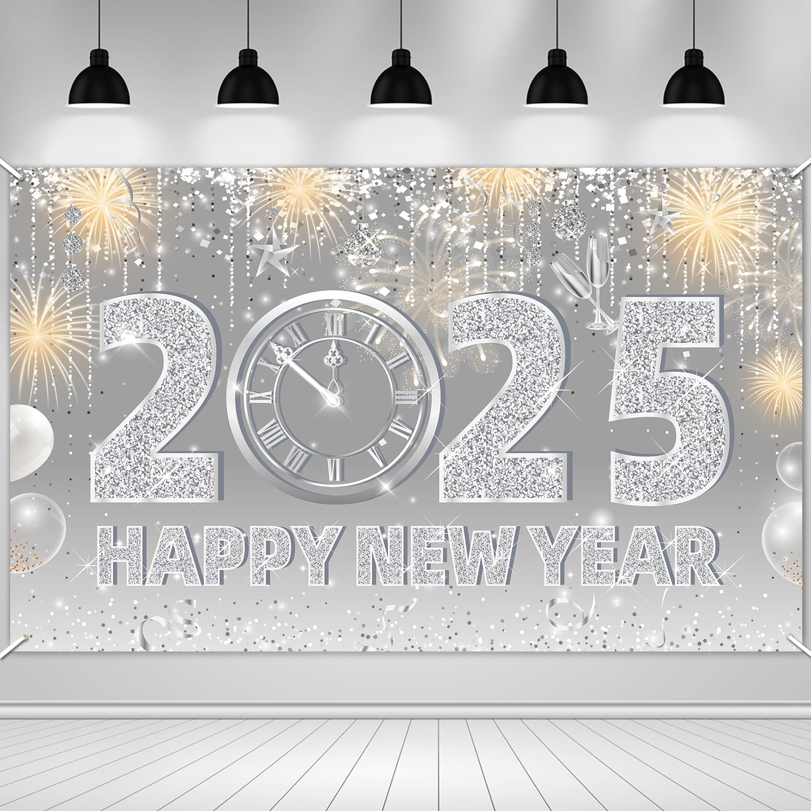 Happy New Year Banner Mit Uhr & Feuerwerk – Party-Deko Für Silvester 2025