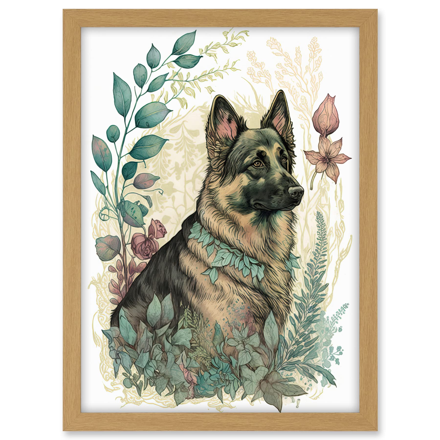 Artery8 German Shepherd Dog with a Leaf Collar Spring Field Boho Pastel Watercolour Illustration Artwork Framed A3 Wall Art Print