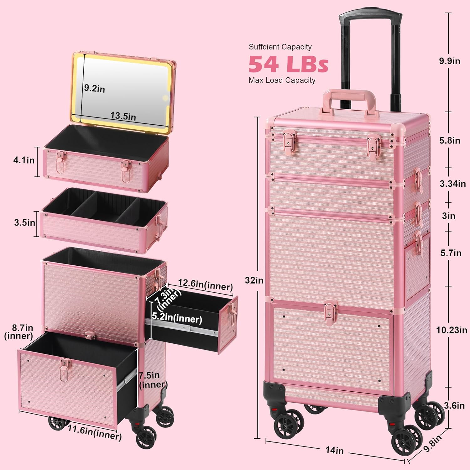 Makeup Train Case with LED Mirror, Rolling Makeup Case with Drawers, Cosmetology Case on Wheels, Gift, Travel Makeup Organizers, Profesional Cosmetic Case for Salon Barber,Nail,Tattoo, Pink - Image 5