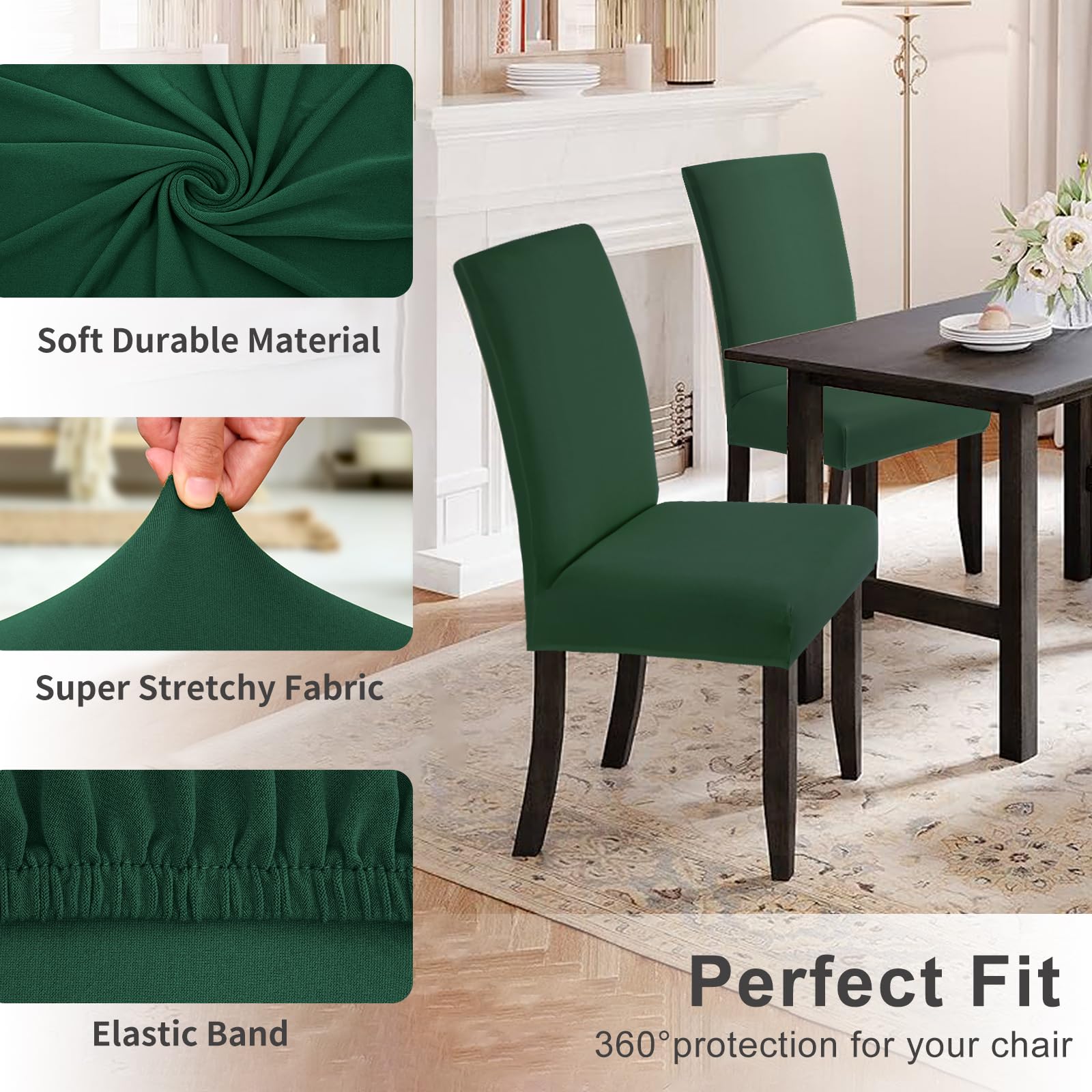 Yugarlibi Dining Chair Covers Set of 4 Stretch Slipcovers Swing Elastic Removable Dining Room Chair Covers Reusable Washable Protector for Hotel Banquet Ceremony (Green - Image 3