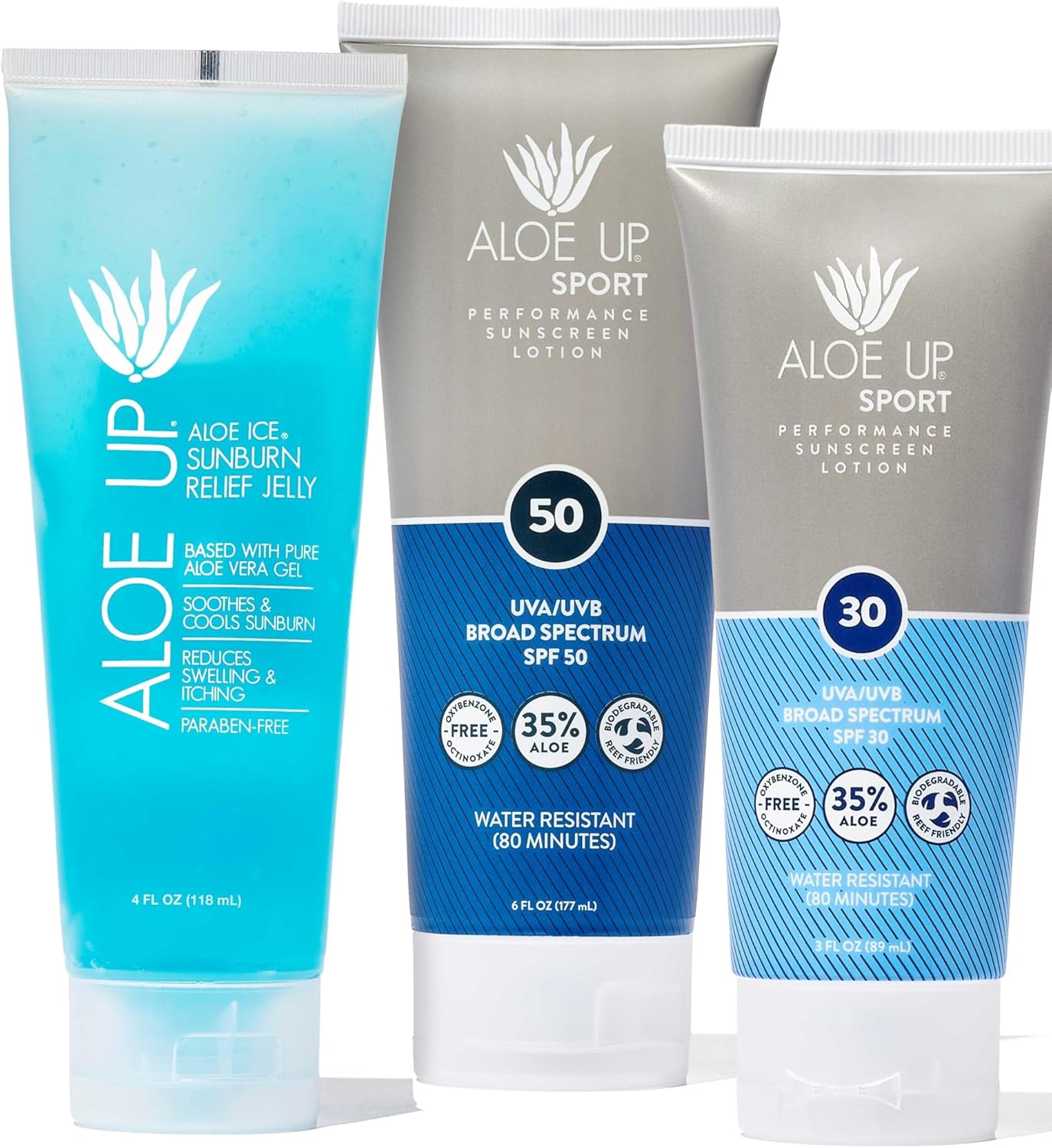ALOE UP Aloe Ice Sunburn Relief Jelly, Sport Sunscreen Lotion SPF 50 and Sport Sunscreen Lotion SPF 30 – Suncare Bundle – Reef Friendly – 3 Items