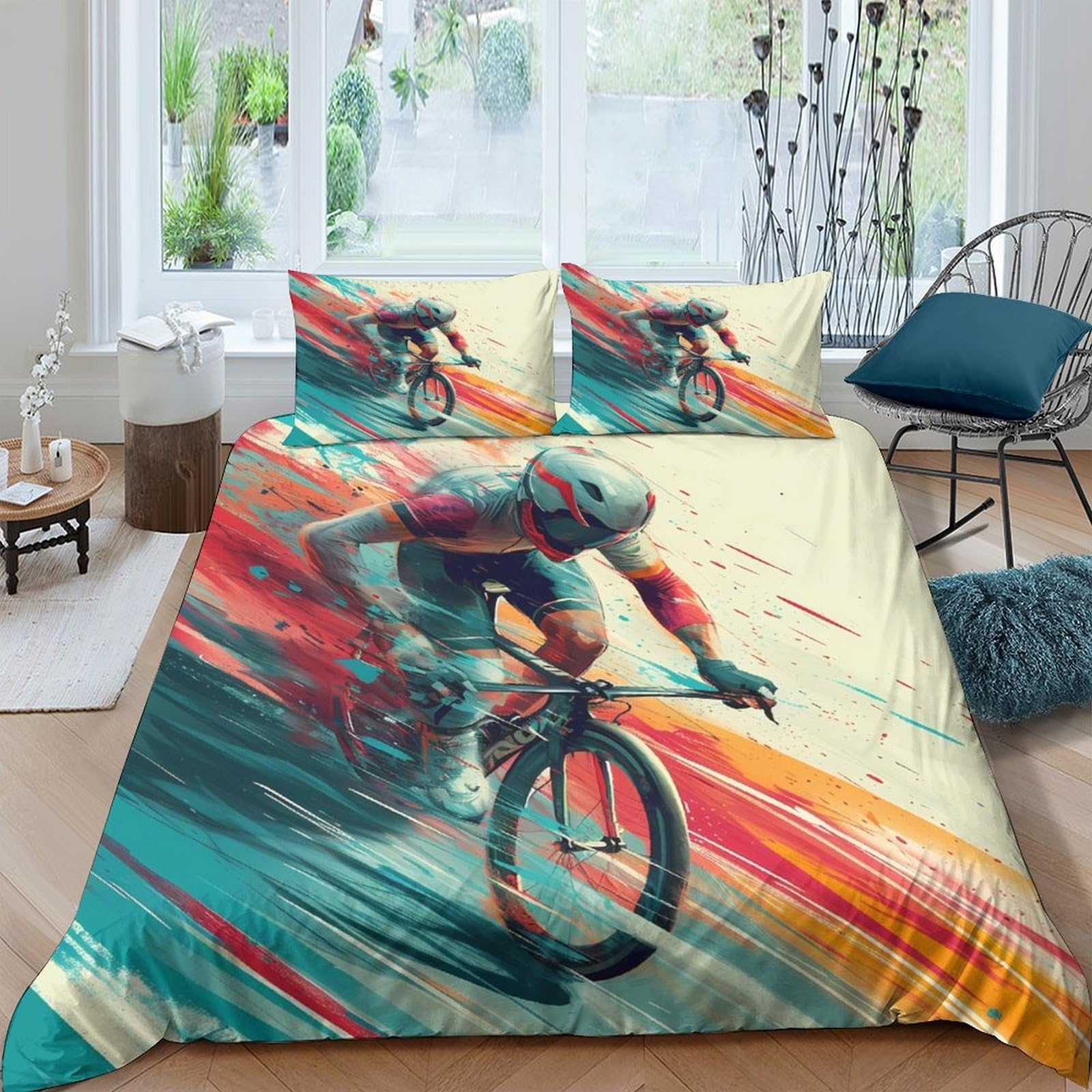 Ctjqhvkz Style-1 3D Printed Colorful Cycling Art Fitted Sheet Microfiber Soft Mattress Cover For Bedroom Dorm Modern Decor Single（135X200cm）