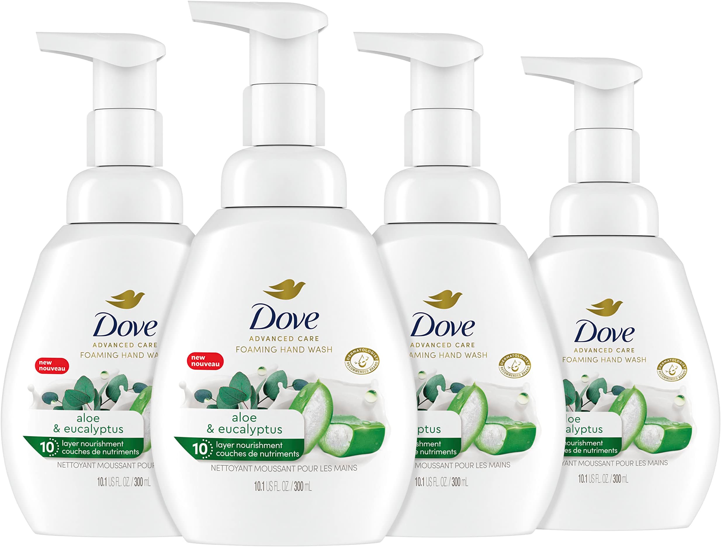 Dove Foaming Hand Wash 4 Count Aloe & Eucalyptus Protects Skin from Dryness, More Moisturizers than the Leading Ordinary Hand Soap, 10.1 oz
