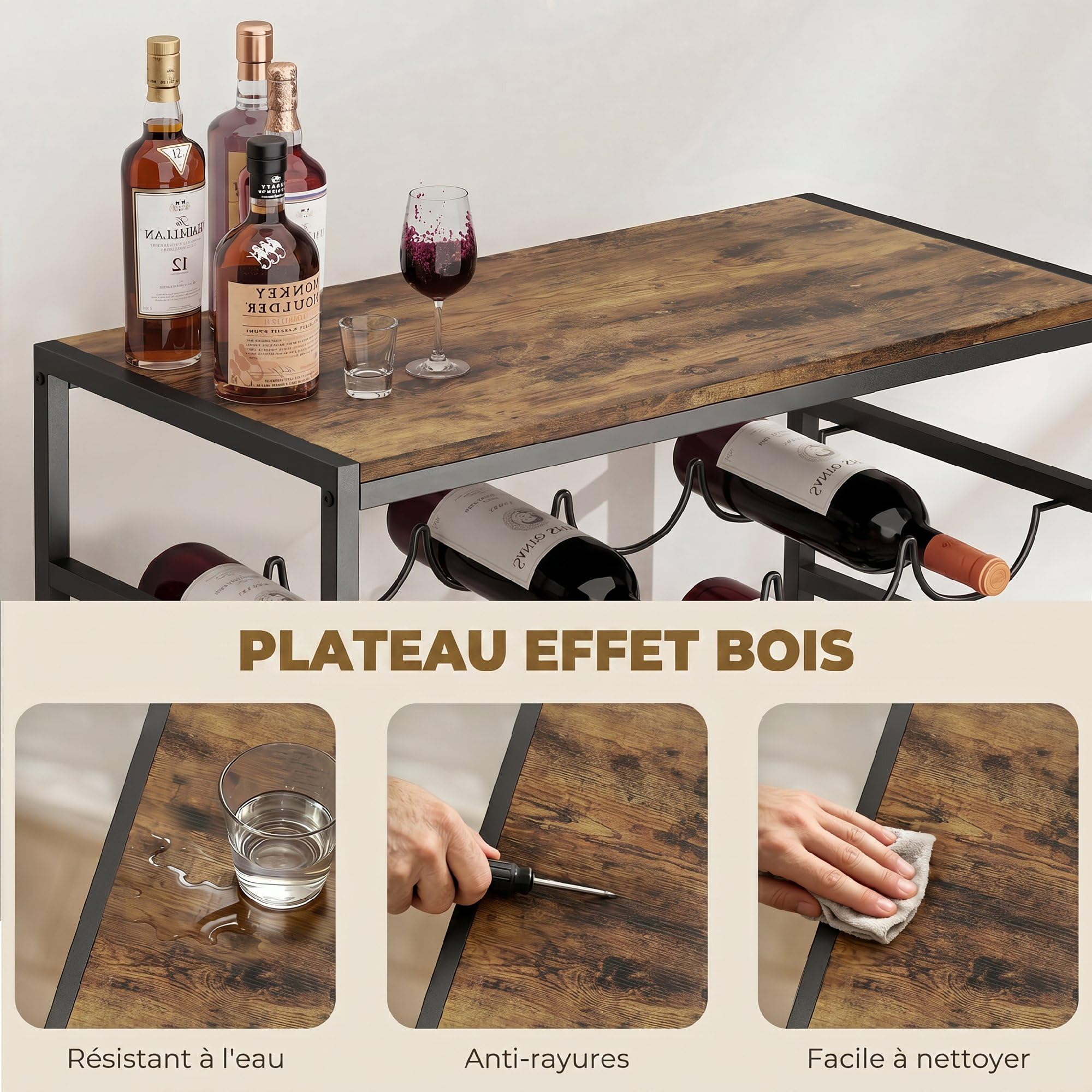 HOMCOM Casier à Bouteilles pour 30 Bouteilles, étagère à vin avec 6 Niveaux avec Plateau Effet Bois, Style Industriel, casier à vin en métal, pour Cave, Bars, sous-sols, 59x30x88,5cm, Brun Rustique