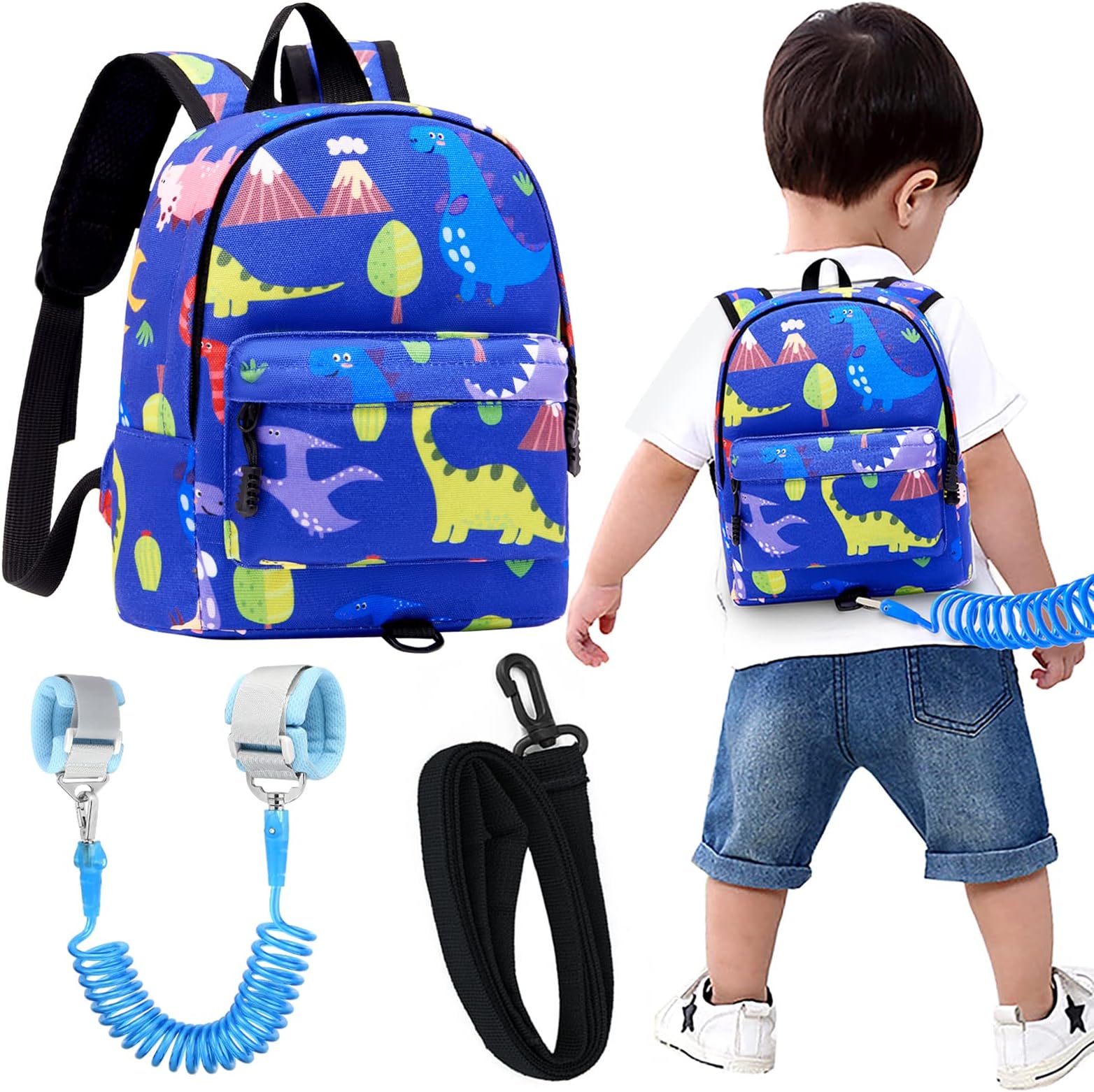 Accmor Toddler Backpack Leash with Anti Lost Wrist Link, Cute Mini Child Walking Harnesses Keep Kids Close Back Pack Rope Tether Rein for Baby Boys (Blue/Dino)