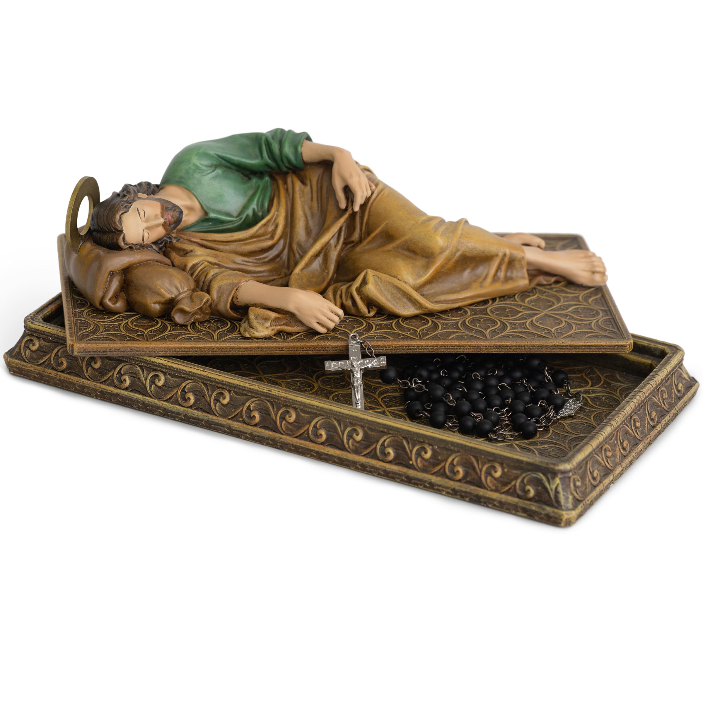 BC Catholic Sleeping Saint Joseph Statue, with Case Base, with Metal Halo,Prayer Cards Holder, Religious Gift for Dad, Patron Saint Home Decor 8.8" L, Hand Painted by Buildclassic (Dark Full Color)