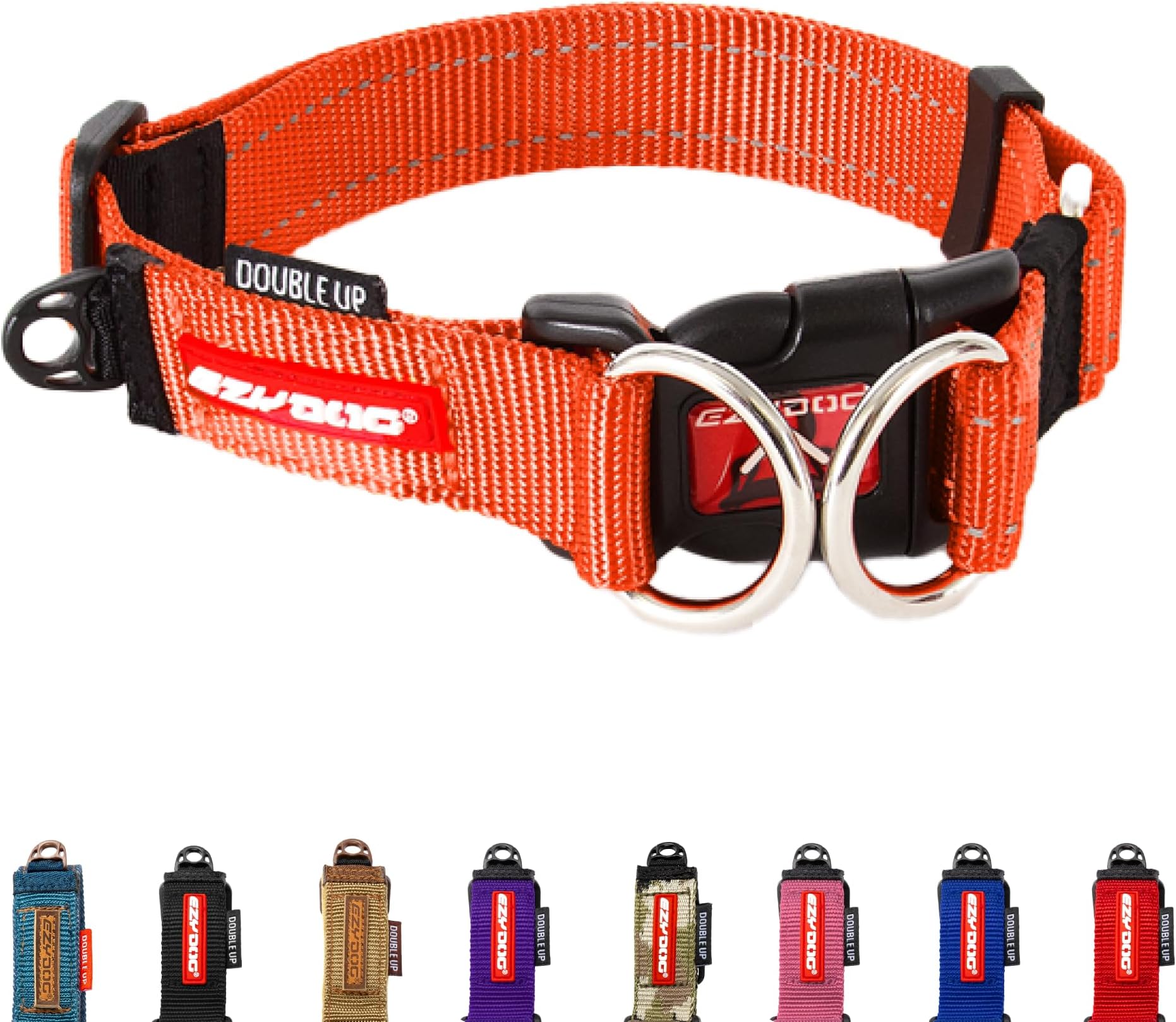 EzyDog Double Up Dog Collar - Reflective Large Dog Collar with ID Tag D-Ring, For Small, Medium & Large Dogs - Supreme Comfort with Soft & Strong Nylon Webbing - Orange