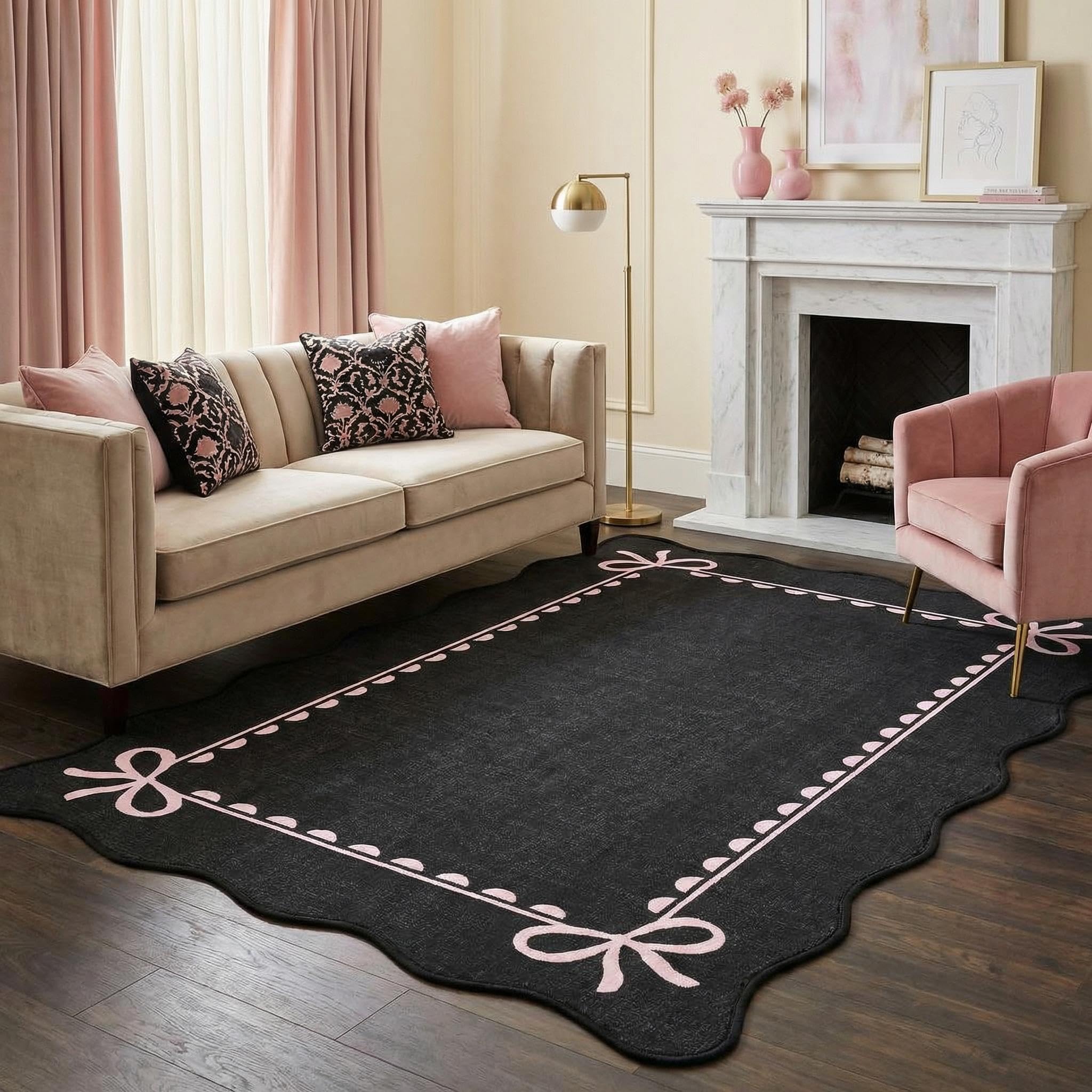 GarveeHome Scalloped Bow Rug for Living Room, Solid Rug for Dorm, Washable Rugs 4x6 Soft Low Pile Non Slip Scalloped Rugs for Nursery College Bedroom