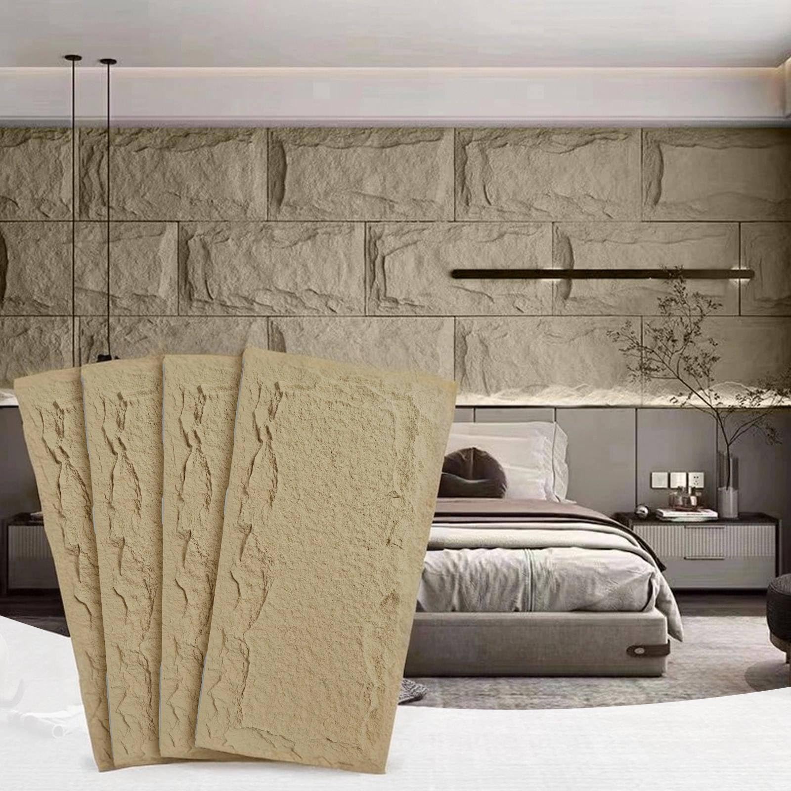 Stone 3D Wall Panels,4-Pack PU Wall Panels, 23.6"*47.2" Wall Paneling for Interior Wall Decor, Faux Stone Wall Panel for Accent Wall Decor, Sophisticated & Stylish 3D Wall Decor(Sand Yellow)