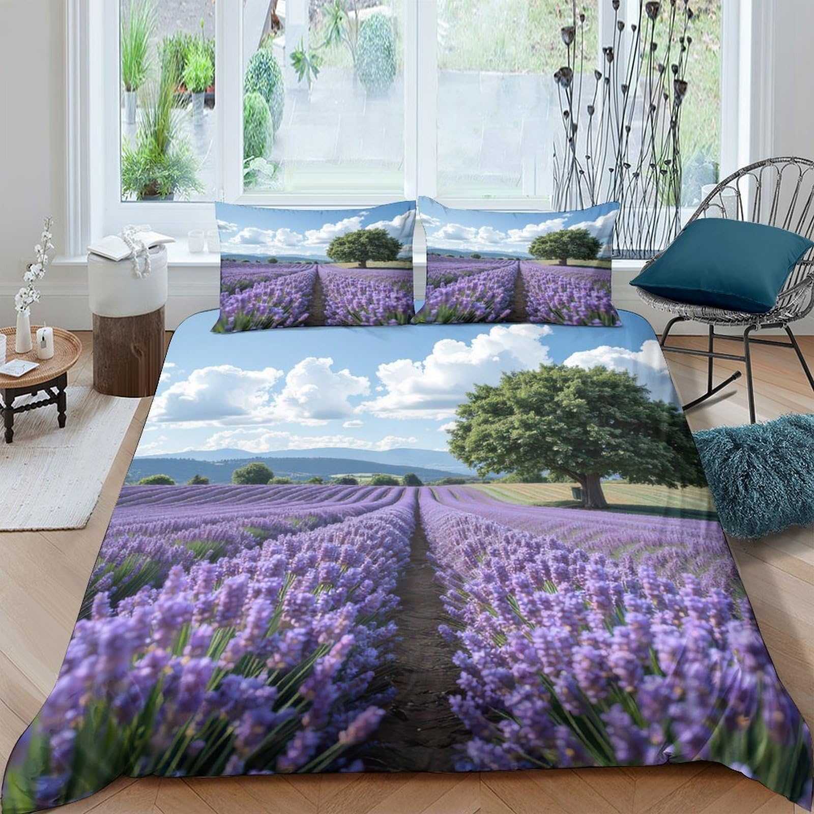 Ctjqhvkz Style-9 3D Printed Lavender Field Fitted Sheet Microfiber Soft Breathable Tree Landscape Mattress Cover Bedroom Decor Single（135X200cm）