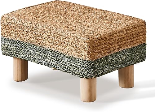 Cpintltr Taburete otomano rectangular, reposapiés, otomano, reposapiés natural de algas marinas con patas de madera, taburete tejido a mano para