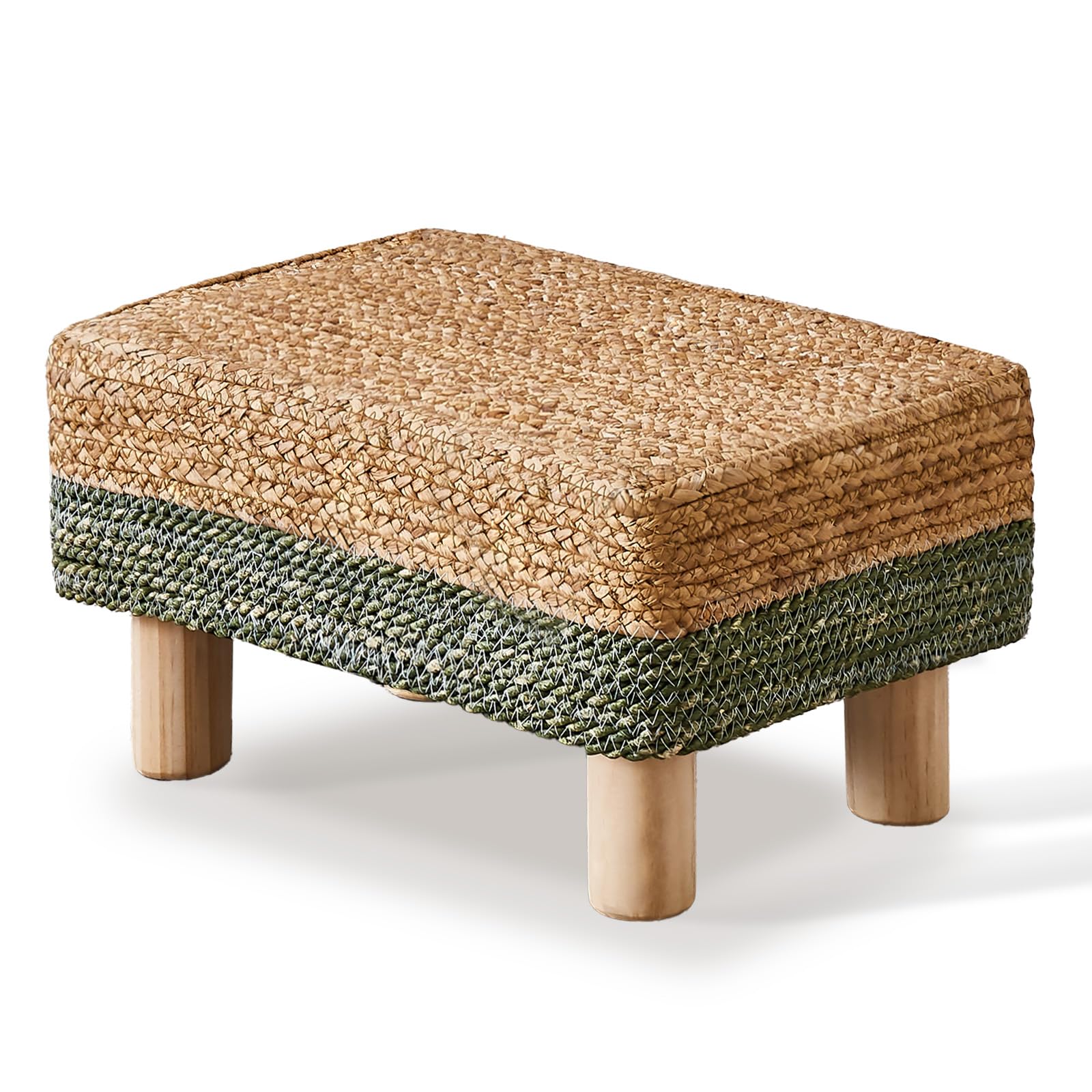 Wimarsbon Natural Seagrass Footstool Ottoman Rectangular Footrest Pouf Ottomans with Wooden Legs Hand Weave Step Stool for Living Room Bedroom