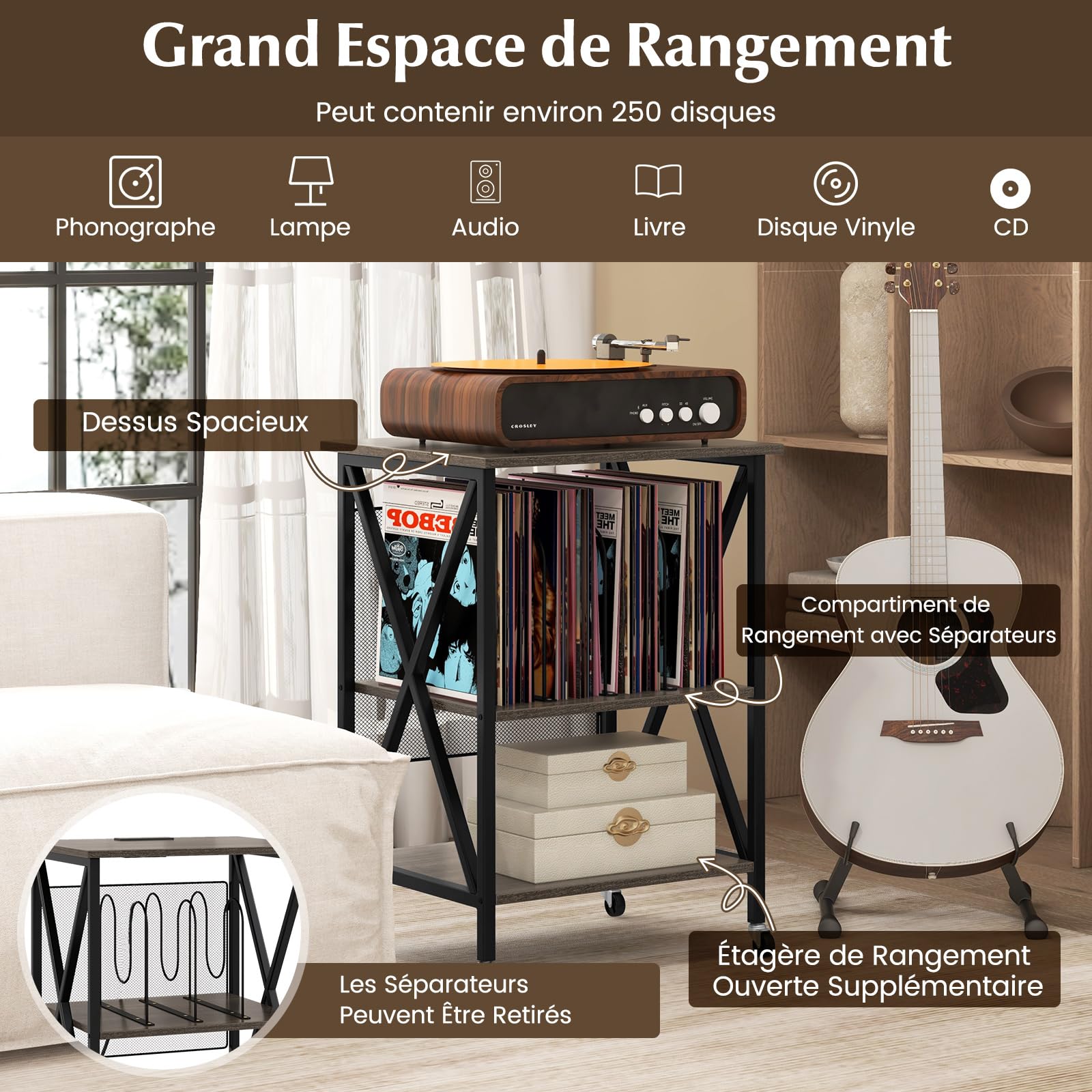COSTWAY Meuble Tourne-Disque Vinyle avec Prise, Table d’Appoint à Roulette avec Station de Charge, 2 Prises, 1 USB, 1 Type-C, Bout de Canapé, Support Tourne-Disque Industriel (Gris)