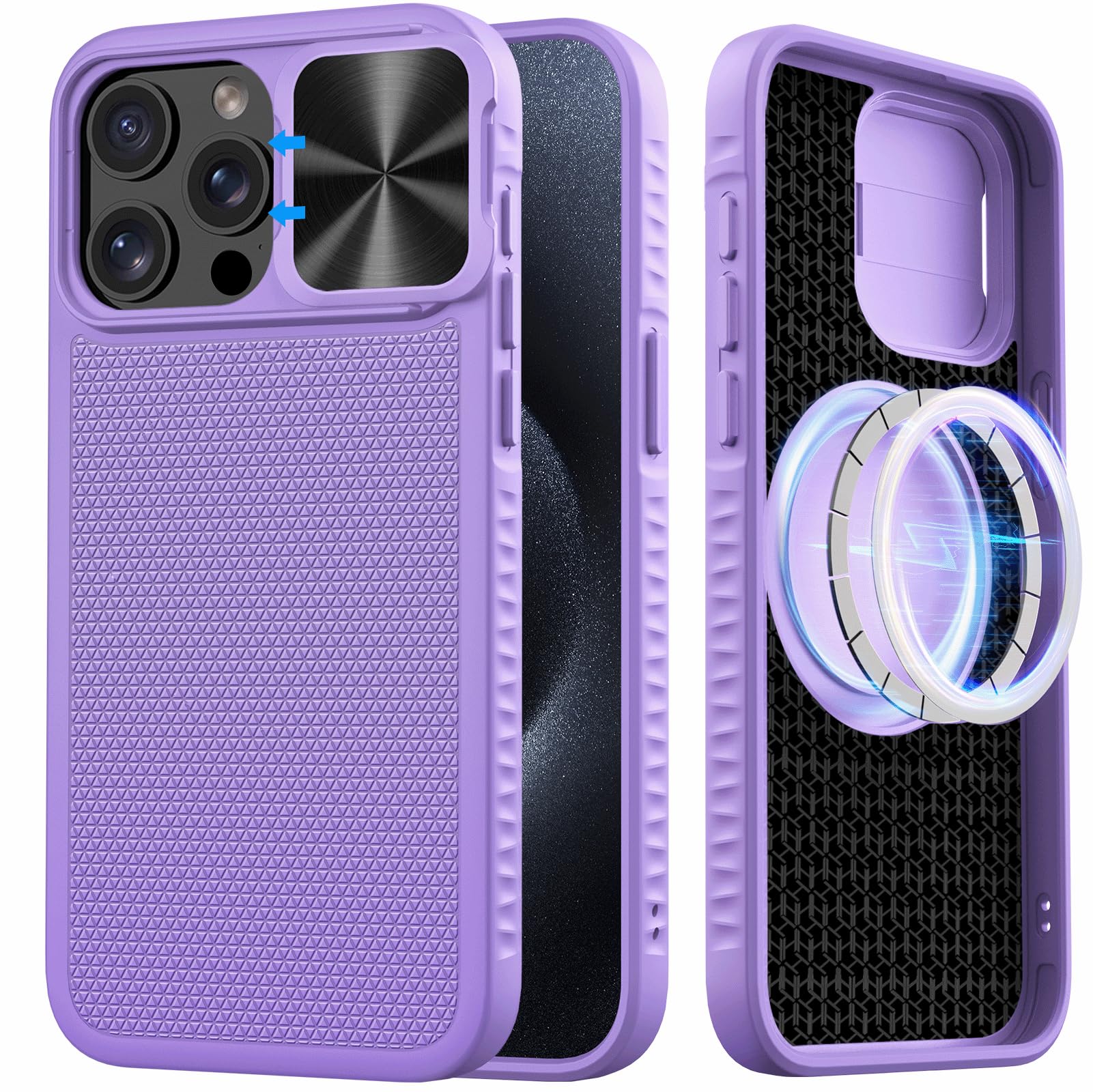 SIXBOX Magnetic Designed for iPhone 15 Pro Max Case Compatible with MagSafe & Slide Camera Cover, Military Grade Drop Protection Rugged Shockproof Matte Phone Case for iPhone 15 Pro Max, Purple