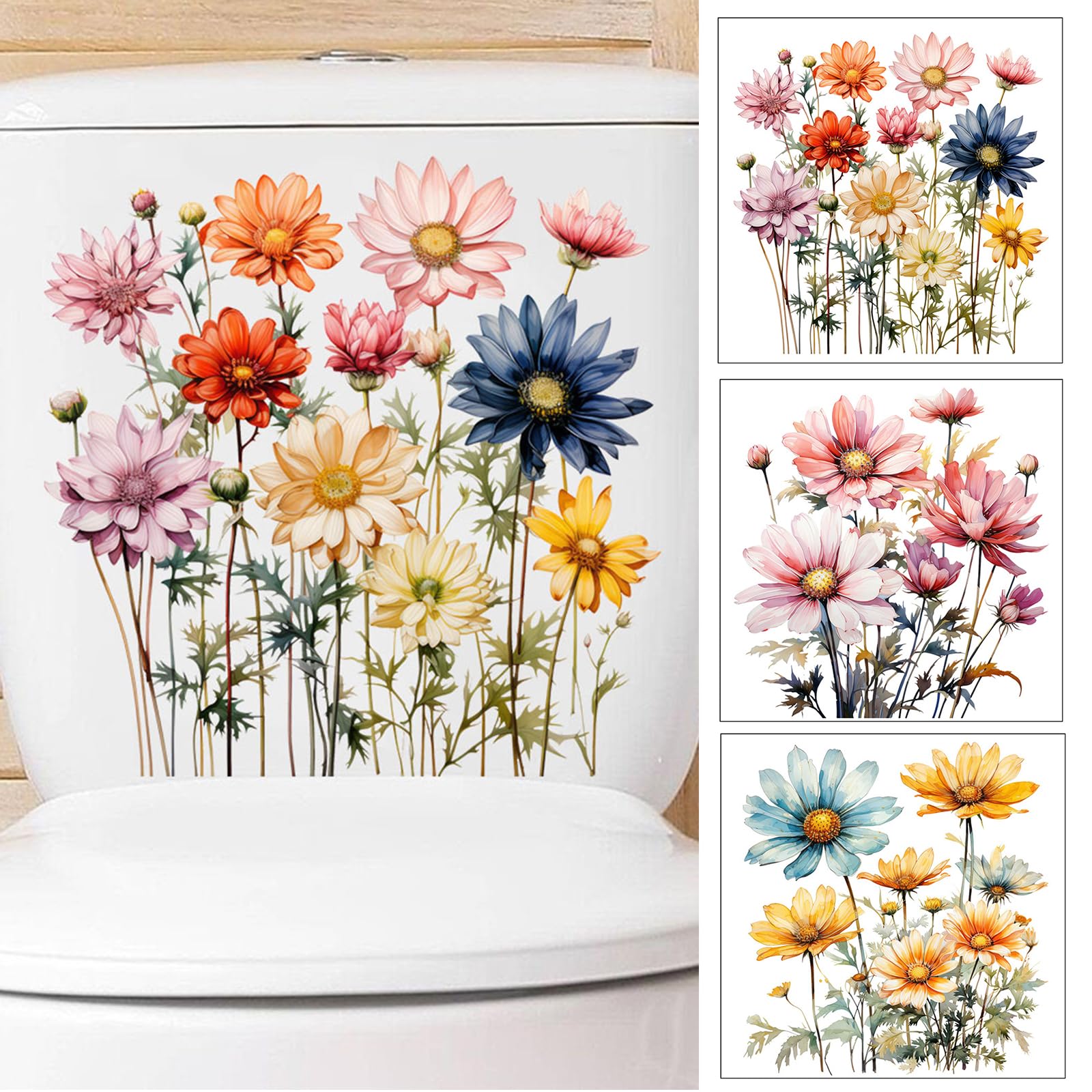 3 Pcs Colorful Flowers Toilet Seat Wall Stickers Self-Adhesive Colorful Floral Leaf Toilet Lid Decals DIY Removable Bouquet Toilets Stickers for Cistern Bathroom WC Restroom Decor