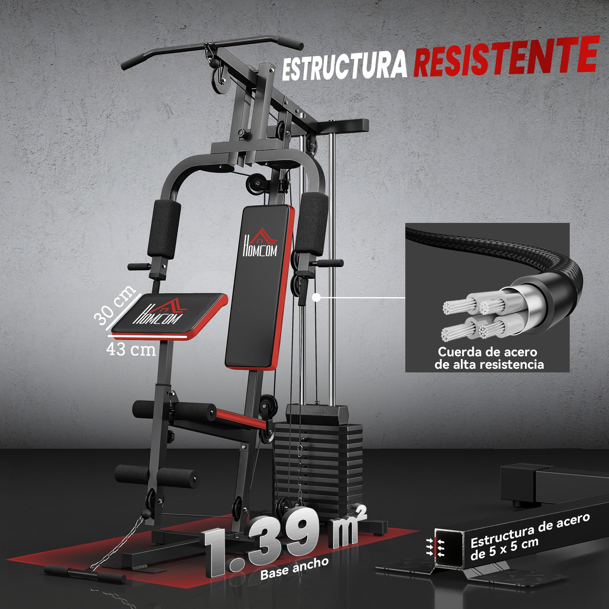 HOMCOM Multiestación de Musculación con Barra Pulldown, Press de Pecho, Prensa de Piernas, Banco Predicador, Placas de Peso 65 kg Máquina de Musculación para Entrenamiento Fitness en Hogar Gimnasio