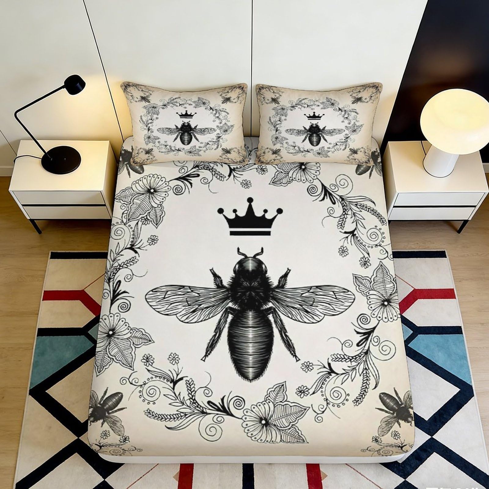 3D Printed Vintage Bee Crown Fitted Sheet Microfiber Soft Floral Bed Cover for Bedroom Dorm Mattress Protection Decor 140x200x25cm