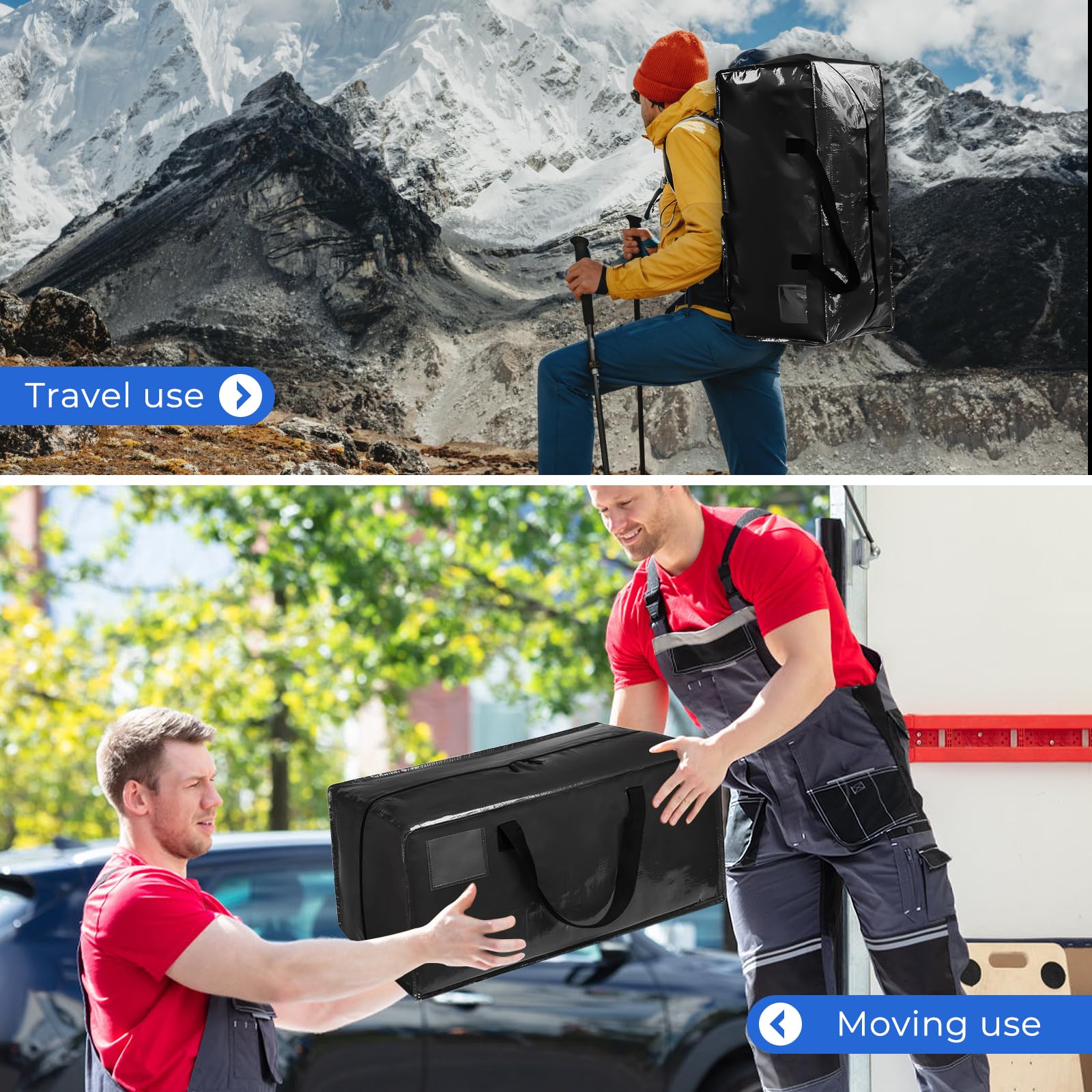 Sac Demenagement Grand Format, 90L Sac de Déménagement avec Sangles de Sac à Dos et Poignées, Robustes Imperméable Pliable, Sac Rangement pour Vêtements, Linge de Lit (Noir, Lot de 4)
