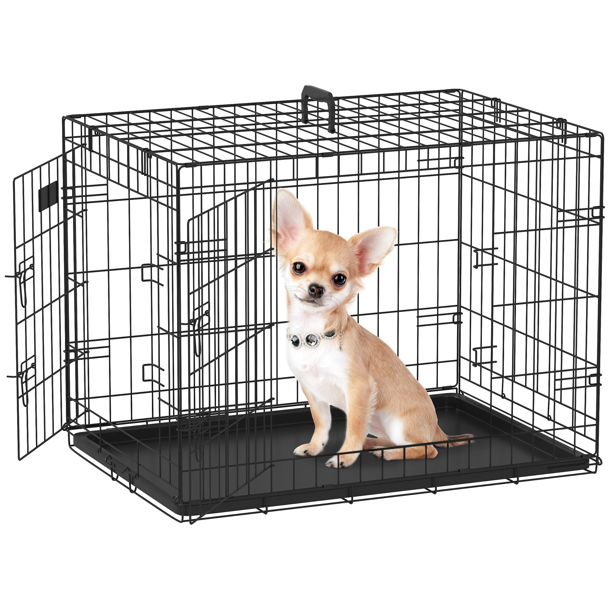 PawHut Transportín de Perro de 2 Puertas Jaula de Alambre para Perros Plegable con Asa Acero 76x46x52 cm Negro
