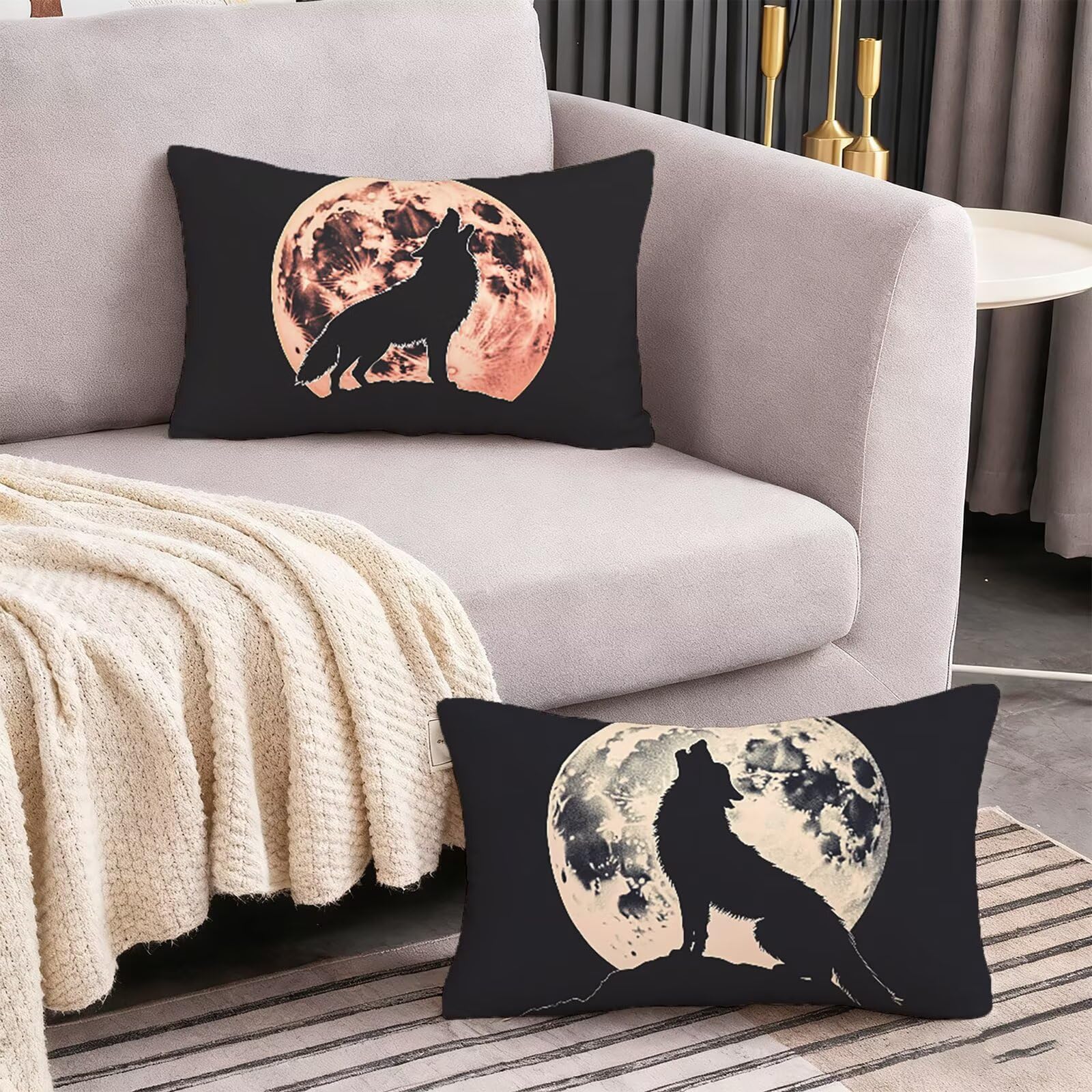K3-522 Czarne poszewki na poduszki 70 x 90 cm, 2 szt., wilk, na zewnątrz, wodoodporna, lniana z niewidocznym zamkiem błyskawicznym, miękkie, wygodne, trwałe, na łóżko, sofę, do ogrodu, idealna