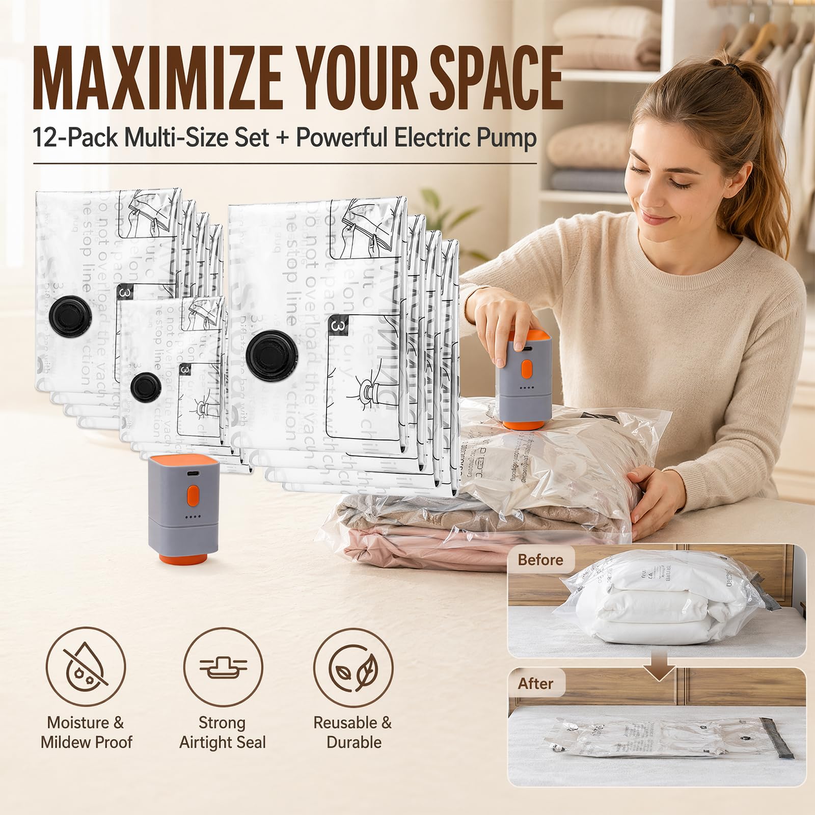 Bolsas de vacío para ropa con bomba de vacío eléctrica, 12 unidades (4 grandes de 60 x 80 cm, 4 medianas de 50 x 70 cm, 4 pequeñas de 40 x 60 cm), se almacenan al vacío mantas, almohadas, sábanas
