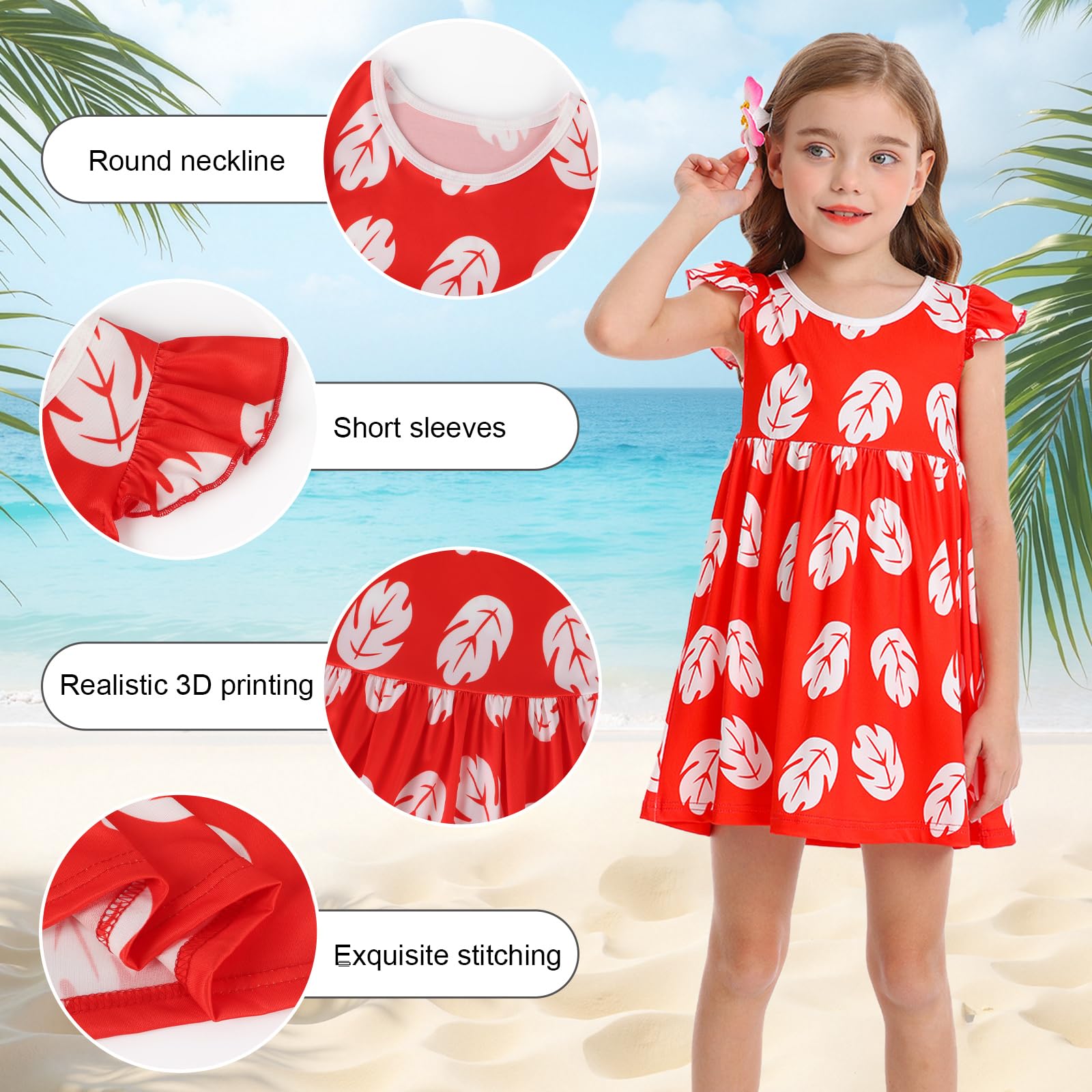 Jurebecia Girls Hawaiian Fancy Dress Red Flutter Sleeve Leaf Print Dresses Halloween Cosplay Costume with Accessories 4-5 Years - Image 3