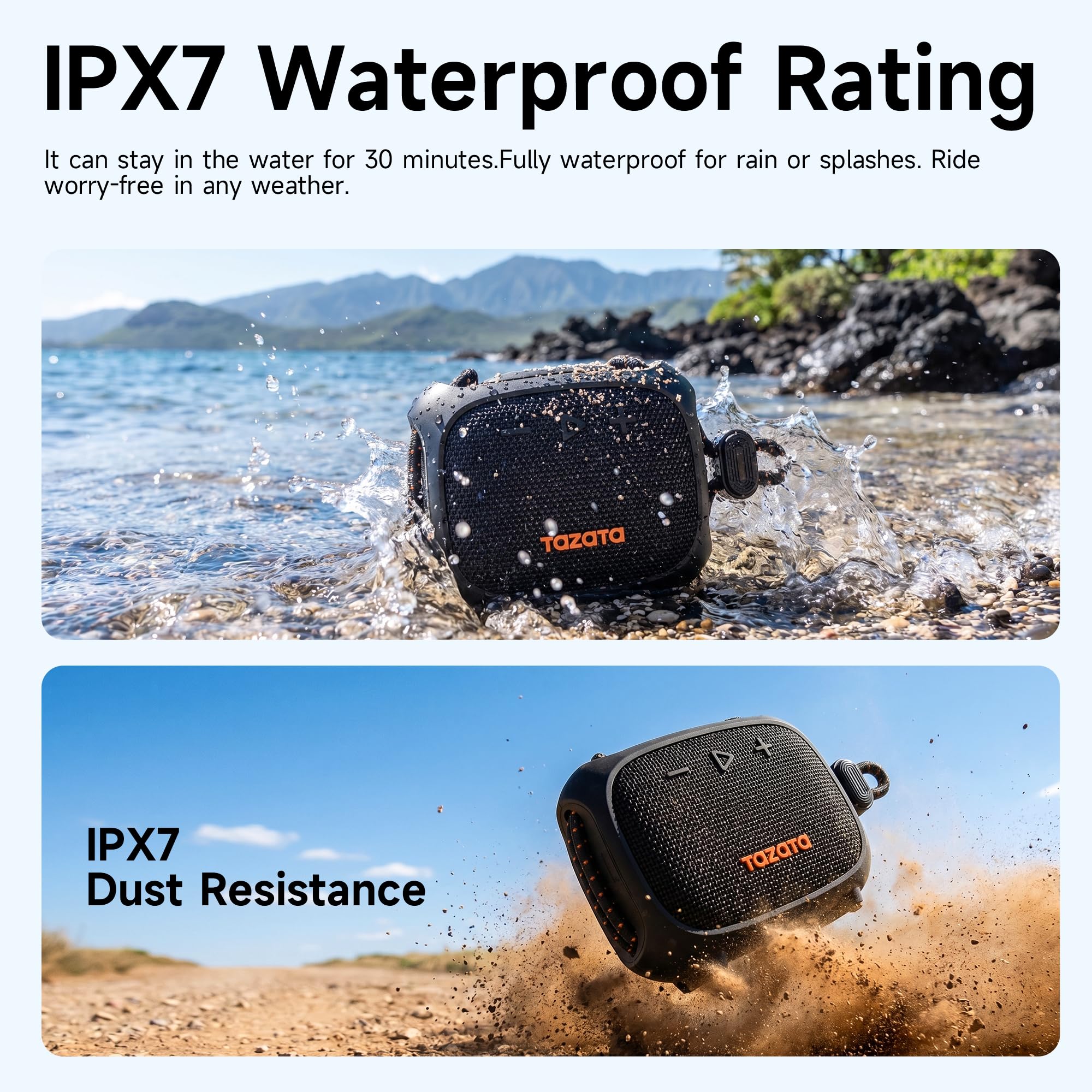 TAZATA Altoparlante esterno robusto, impermeabile IPX7, altoparlante Bluetooth galleggiante con 11 ore di autonomia, accoppiamento TWS, cinturino integrato per ciclismo, pesca, doccia, campeggio