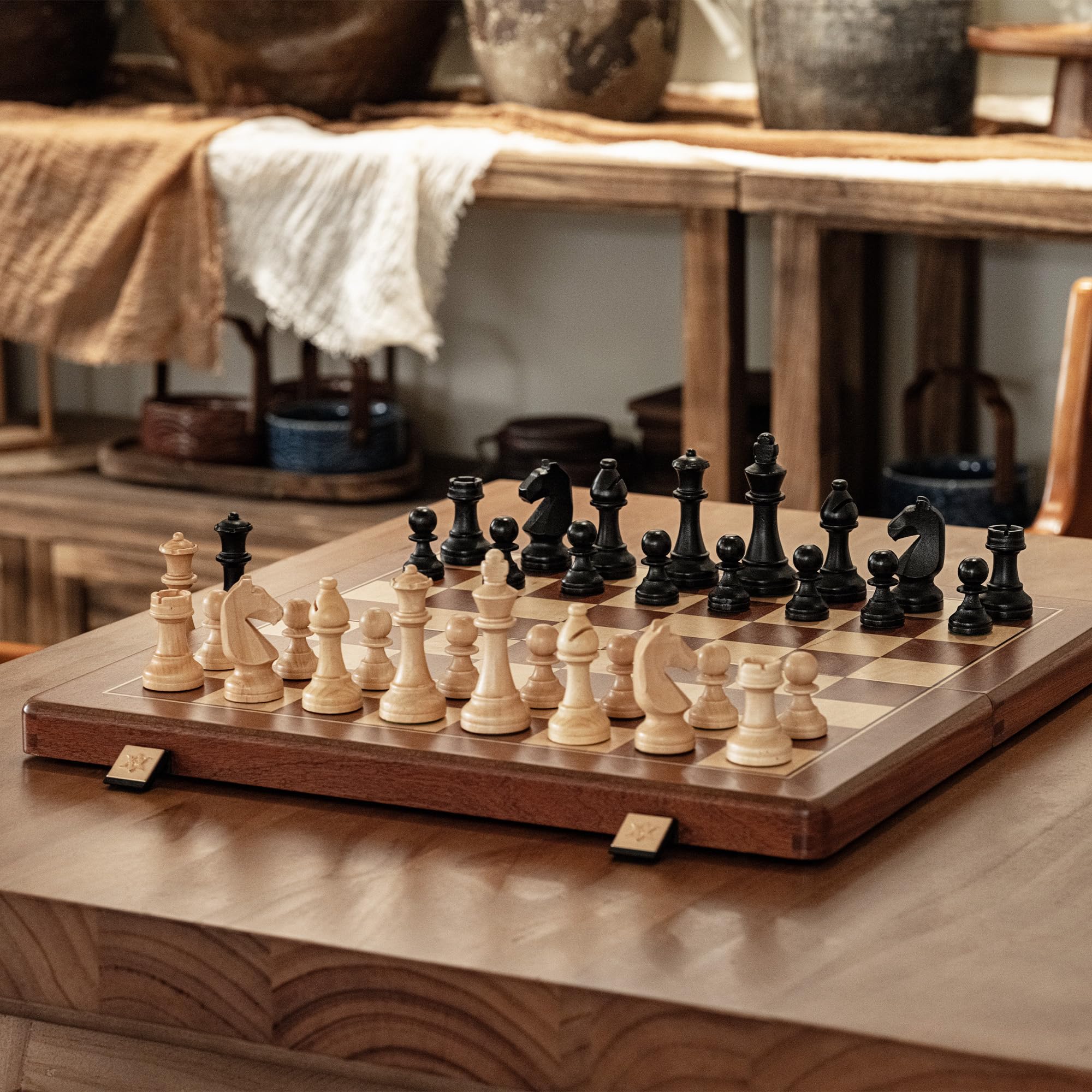 A&A Premium Natur-Mahagoni Klappbares Schachset, mit 38 cm Brett & 7,6 cm Königshöhe Staunton-Schachfiguren, Includes 2 Extra Queens and Einer Aufbewahrungstasche