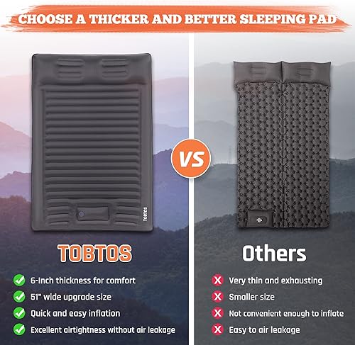 Miniatura 6 de TOBTOS Colchoneta de dormir doble para campamento, extra gruesa de 6 pulgadas, colchón de campamento para 2 personas con almohada incorporada,