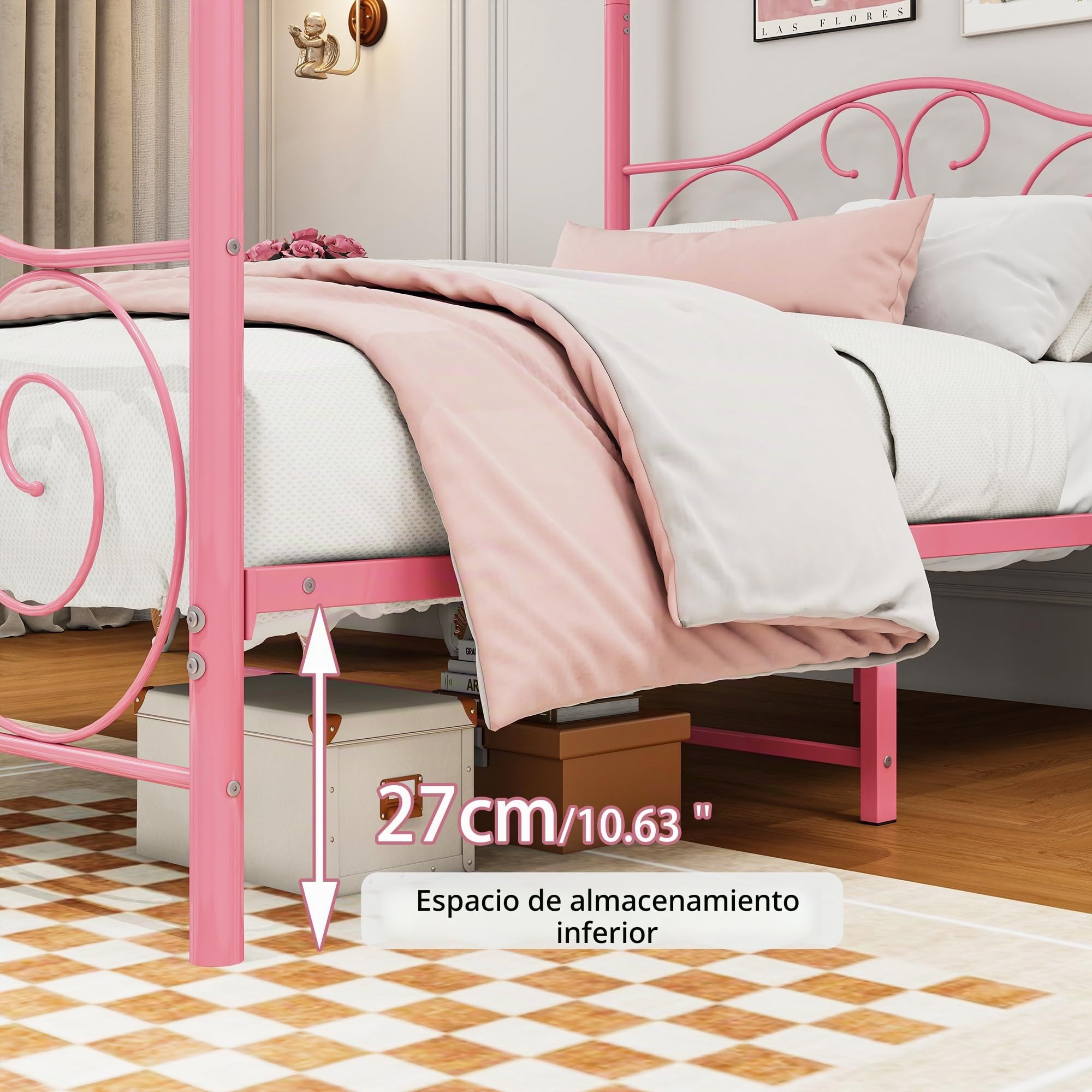 Marco de cama con dosel 140 x 200 cm, metal resistente, listones y soportes de acero, sin muelles, color rosa