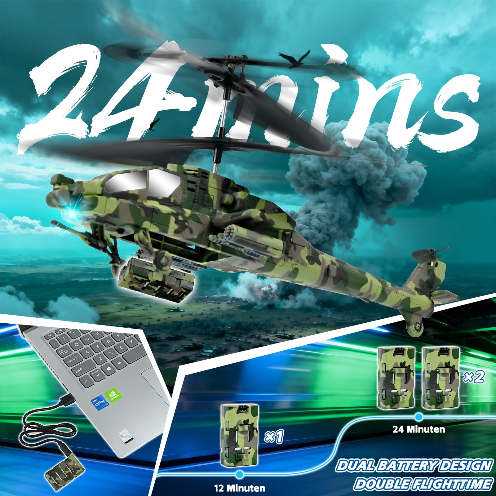 Ulikey Helicoptero Teledirigido, RC Helicóptero Militar Control Remoto 2.4 GHz, con Luz y 2 Baterías, Retención Altitud, Despegue con Una Sola Tecla, Juguete para Niños de 8 a 12 años (Verde)