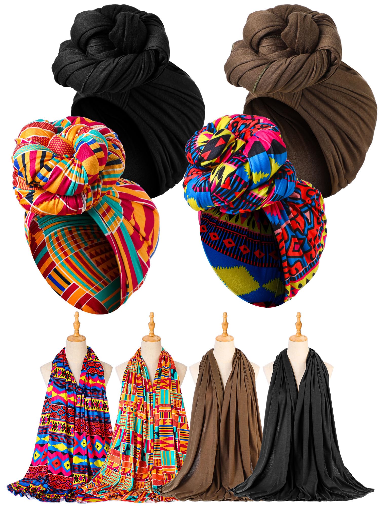 Afrikanischer Schal für Damen, Kopfbandagen für schwarze Frauen, Stretch-Turbane, Jersey, Hijab, Schal, Haarband, leicht, 4 Stück, Einfarbig, gedruckte Farbe, about 35 x 70 inches/ 90 x 180