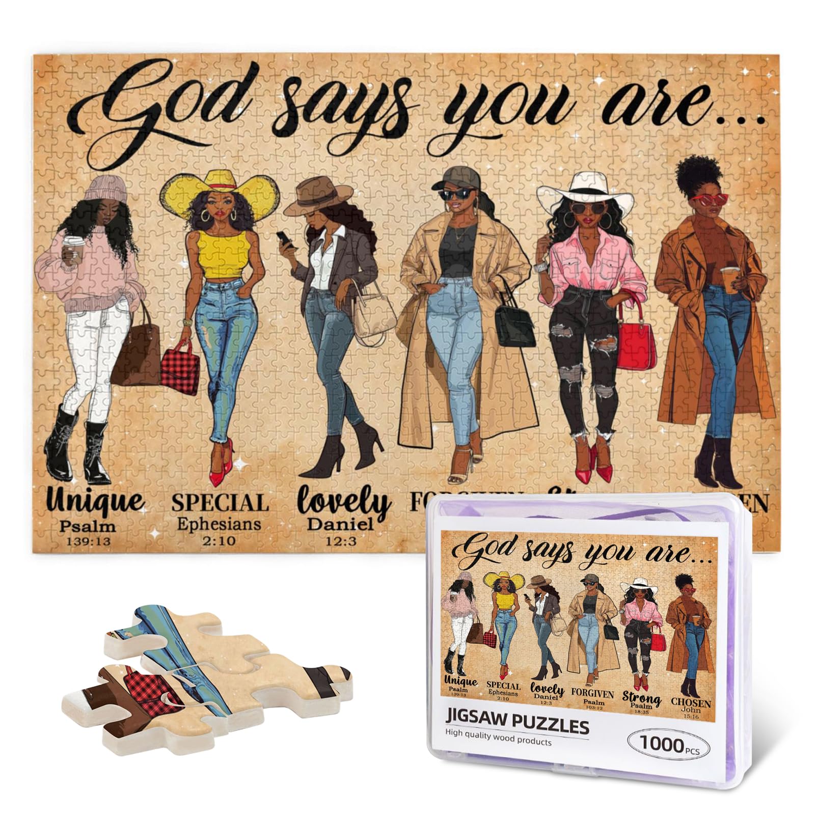 Black Women Puzzles 1000 Pieces African American Jigsaw Puzzles for Adults Black Queen God Says You are Wooden Puzzle for Family Game Motivational Toy