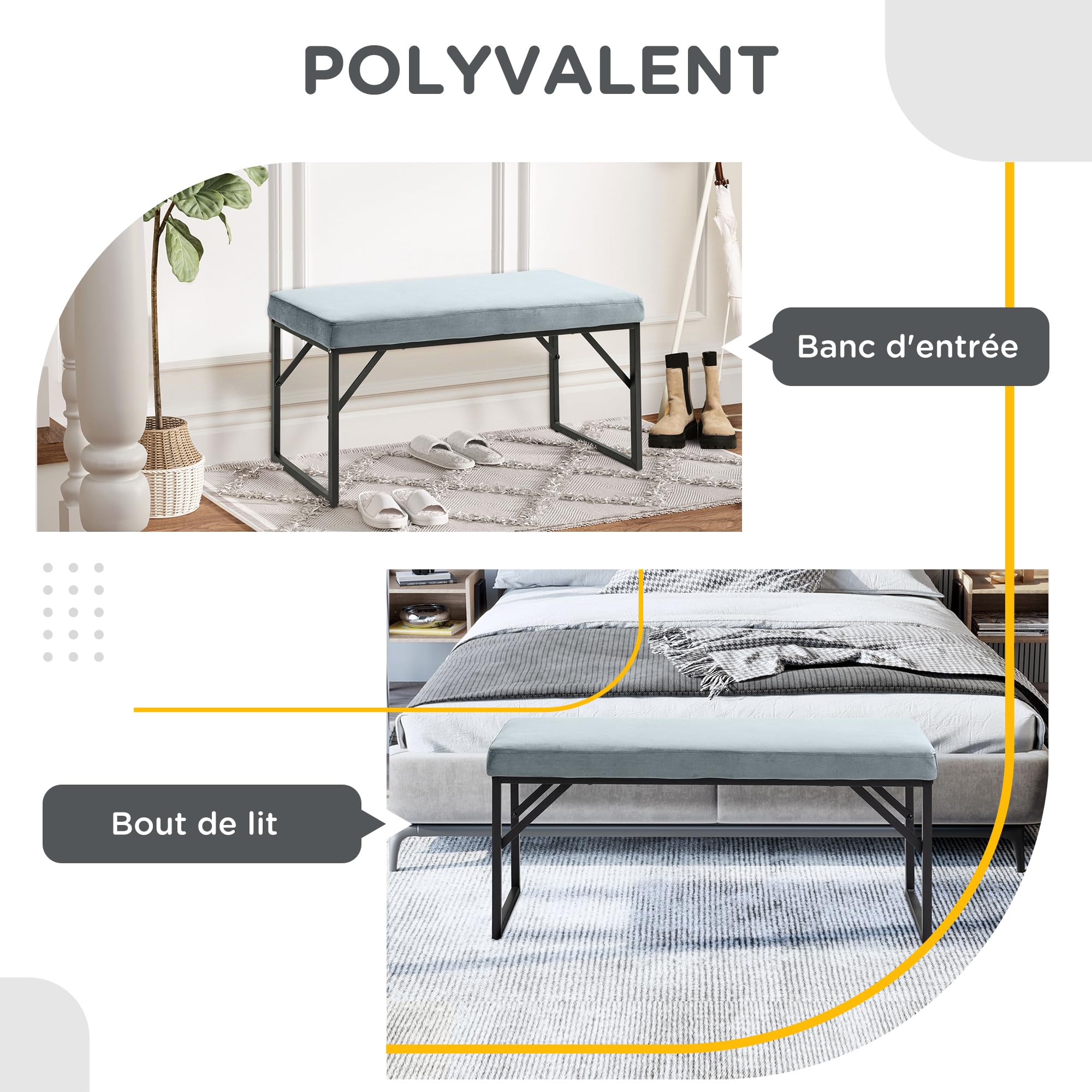 HOMCOM Banc Bout de lit Banquette Banc en Tissu Velours Cadre en Acier - 100 x 35 x 47 cm - Bleu Clair