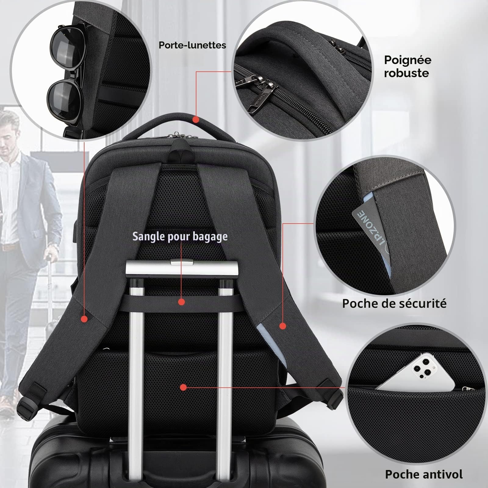 Sac à Dos Ordinateur Portable 17 Pouces Homme Fonctionnel Sac à Dos PC Portable avec USB Charging Port Imperméable Antivol pour Collège Affaire Scolaire Voyage - Noir
