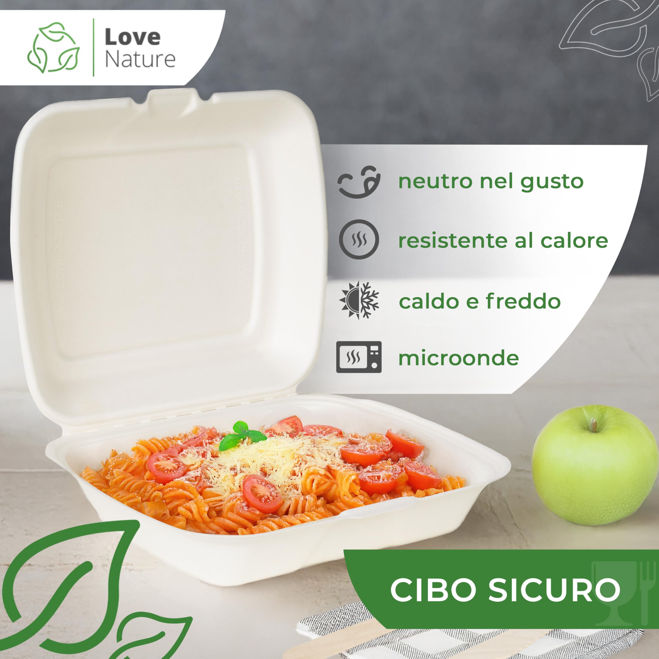 Love Nature Biodegradabili Contenitori per Alimenti 1 Compartimento 50 Pezzi - Contenitori per Alimenti Usa e Getta - Contenitori asporto - Contenitore per Cibo da Asporto