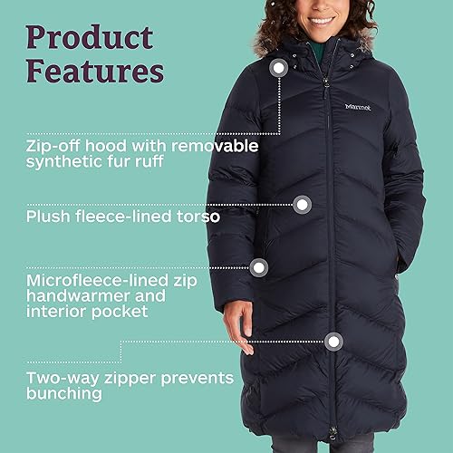 Miniatura 33 de MARMOT Abrigo acolchado de plumón largo Montreaux para mujer Negro azabache,Azul ártico,Nori,Marina de medianoche,Violeta oscuro,púrpura higo,Negro