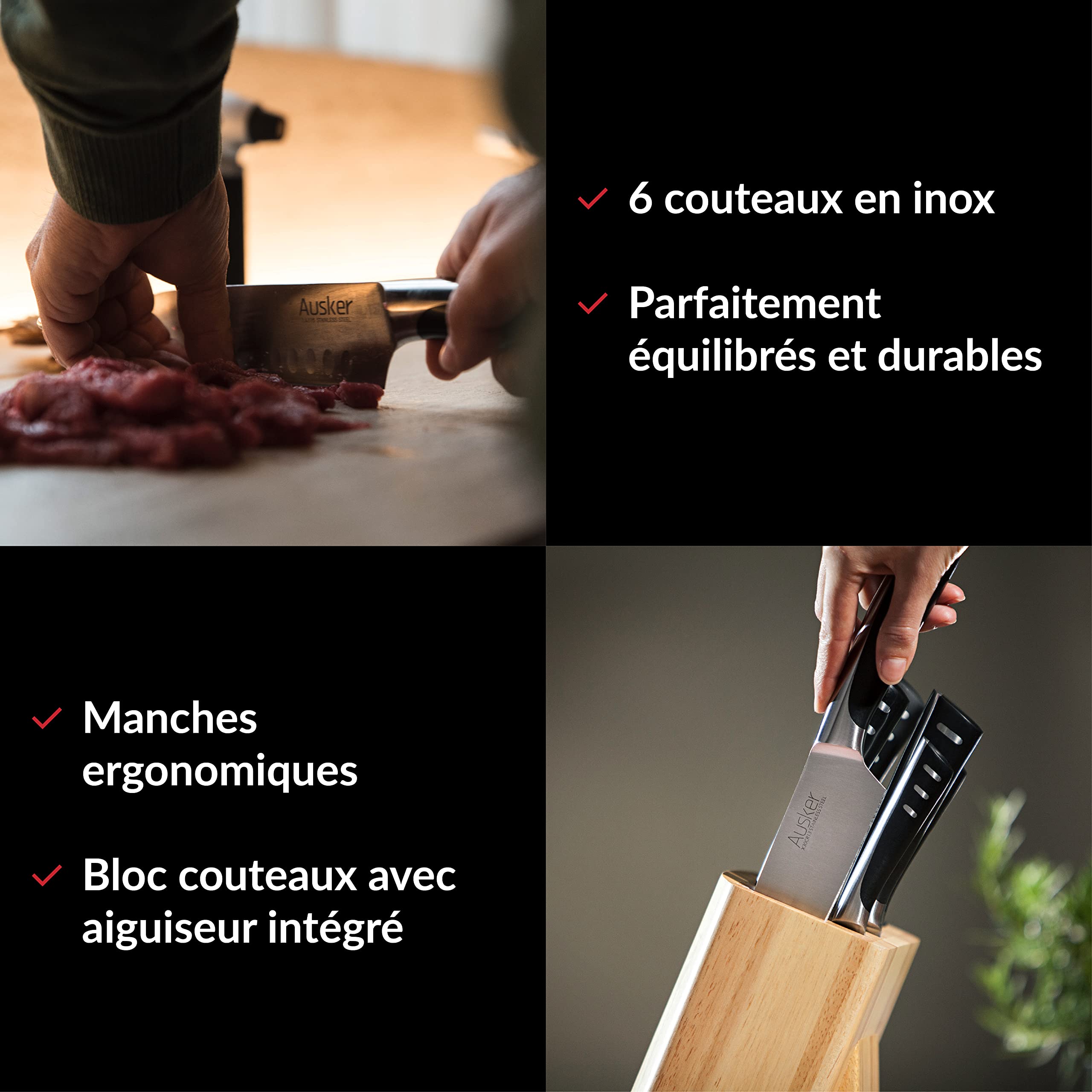 Bloc de Couteaux avec jeu de Couteaux en Acier Inoxydable, Couteau de Chef, Santoku, d'Office, Multifonctions, à Pain et à Viande avec Aiguiseur - Set de 6