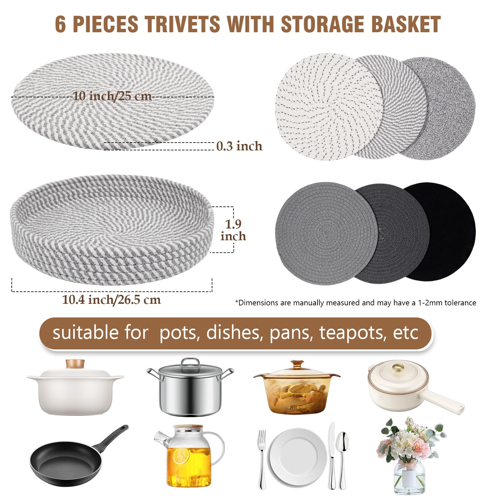 JIngJIALii 6 Pack 10 Inch Cotton Trivets for Hot Dishes, Ash Gray Round Trivets with Storage Basket