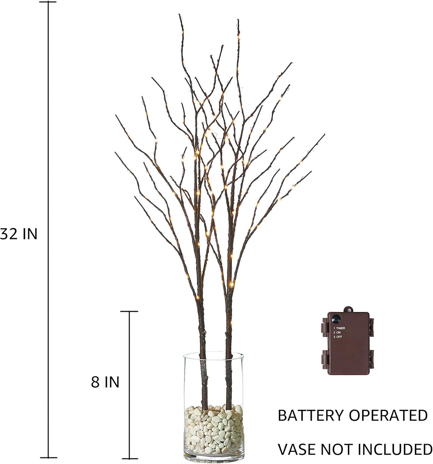 Hairui Lighted Twig Brown Tree Branch with Fairy Lights 32in 100 LED Battery Operated Lighted Willow Branch for Home Christmas Wedding Party Decoration 2Set (Vase Excluded)