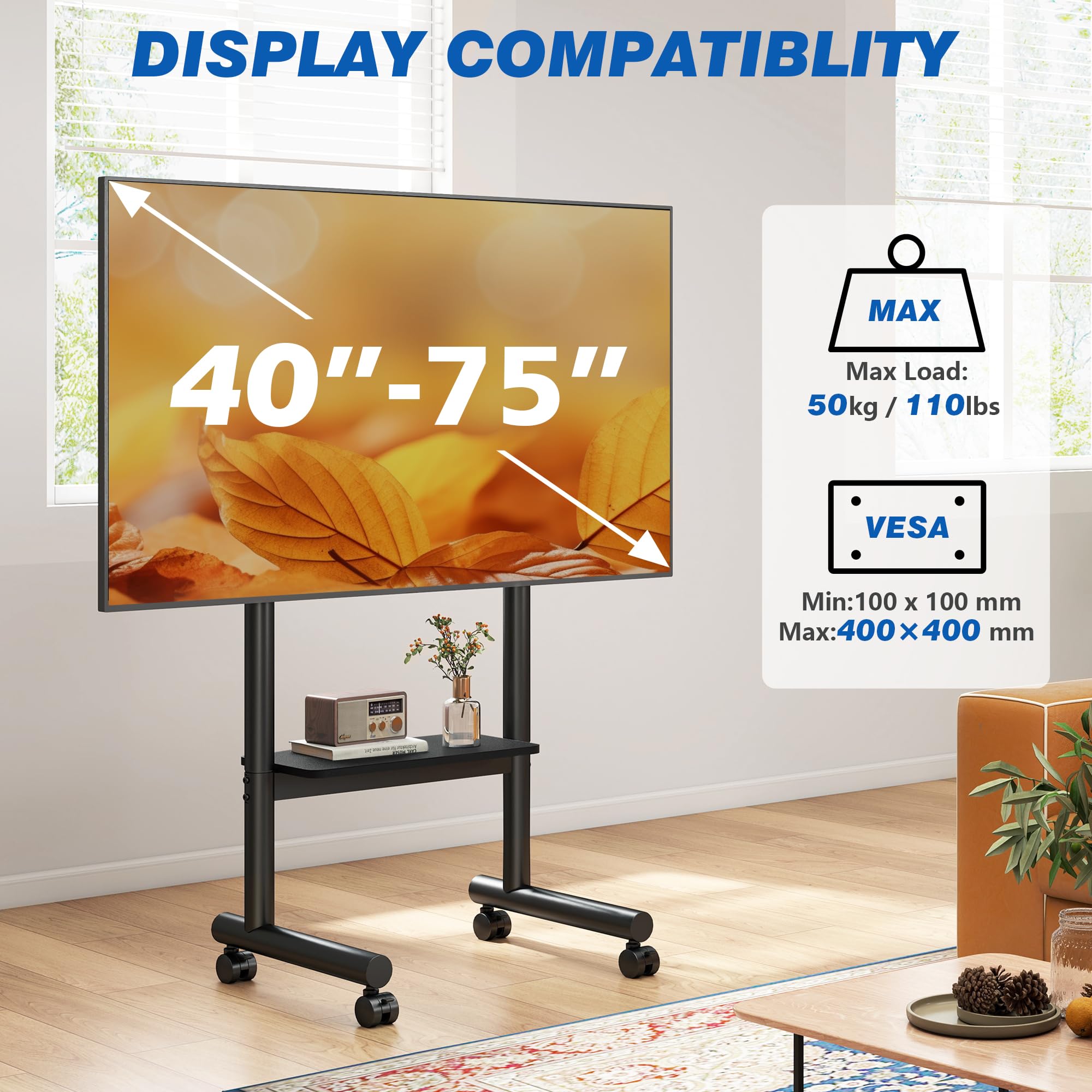 5Rcom Supporto TV Mobile - Carrello Regolabile con Ruote per TV 32-70 Pollici, fino a 50 kg, con Ripiano (LCD/LED/OLED)