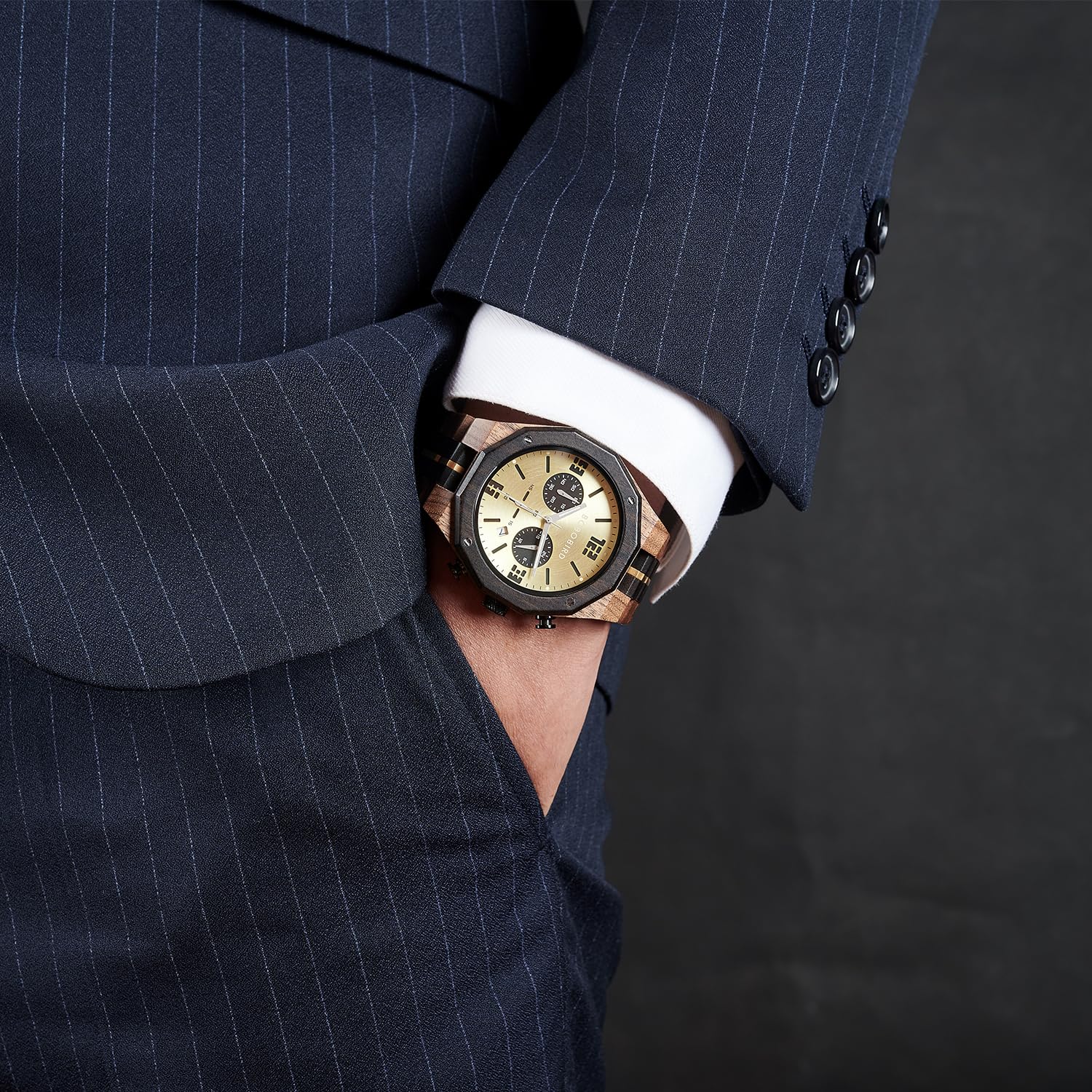 BOBO BIRD Orologio da uomo in legno, sportivo, moderno, casual, cronografo, al quarzo, orologio da polso da uomo, cinturino in acciaio inossidabile con visualizzazione della data (oro), oro, M
