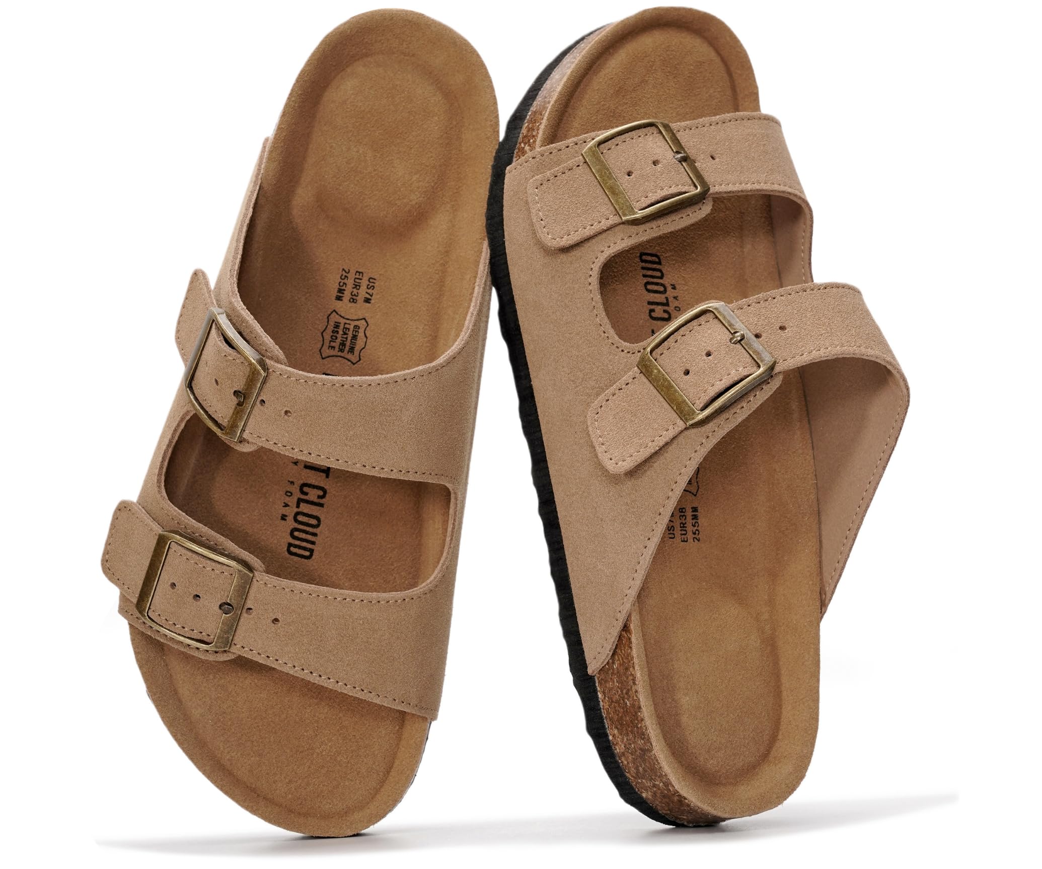 Project Cloud 100% Genuine Leather Flat Sandals For Women 2026 Cork Footbed Womens Sandals with Memory Foam and arch support Vacation Essentials Slides for Women Footwear (Venita, Chestnut, 7)