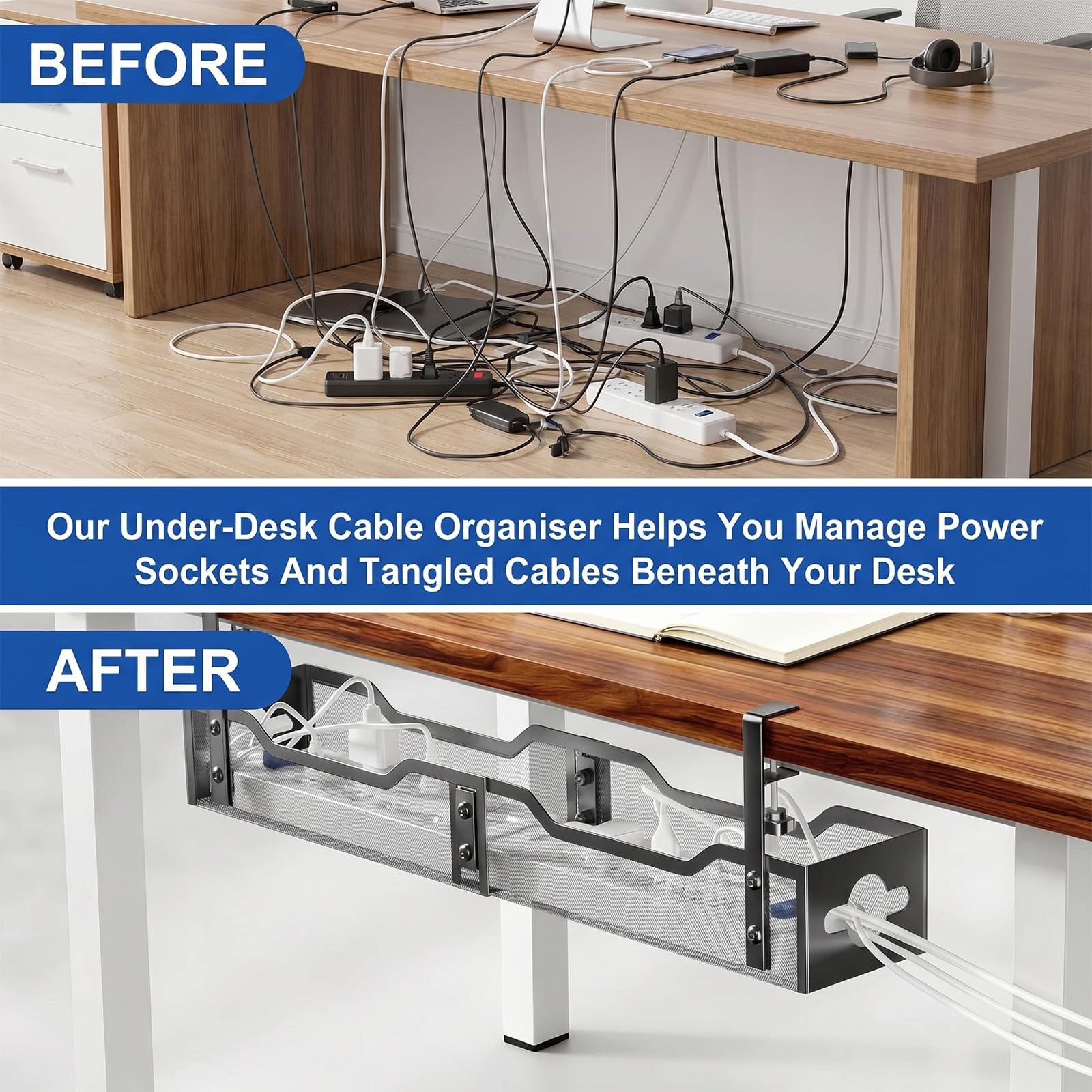 Bandeja de Gestión de Cables para Debajo del Escritorio de Malla de Metal Cesta De Cables de Mesa sin Taladrar con Sistema de Sujeción para Oficina Limpia en Casa