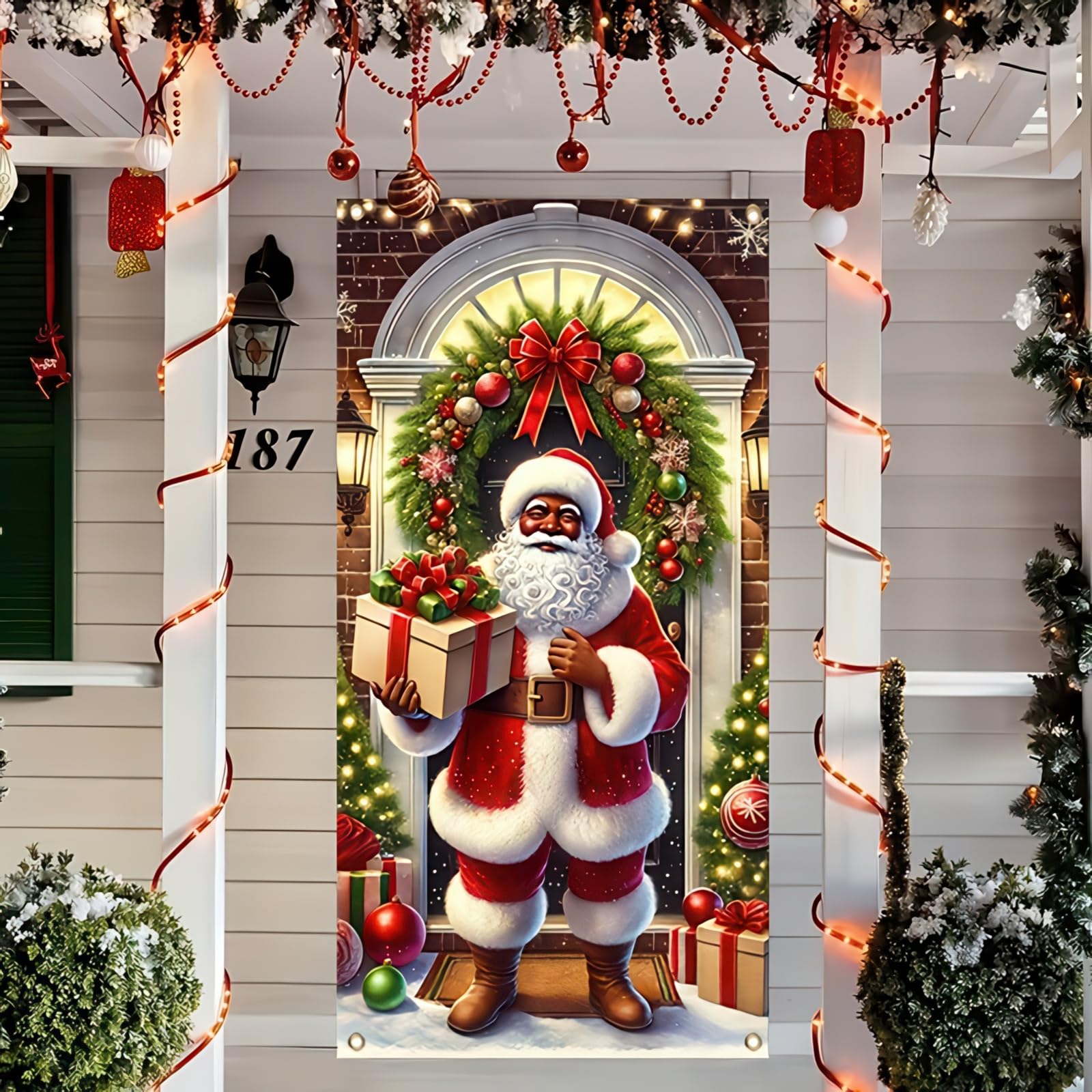 BlissYard Christmas Door Cover 71x35 Inch Black Santa Claus Door Banner, Christmas Decoration for Front Door, Indoor Outdoor Winter Party Backdrop,