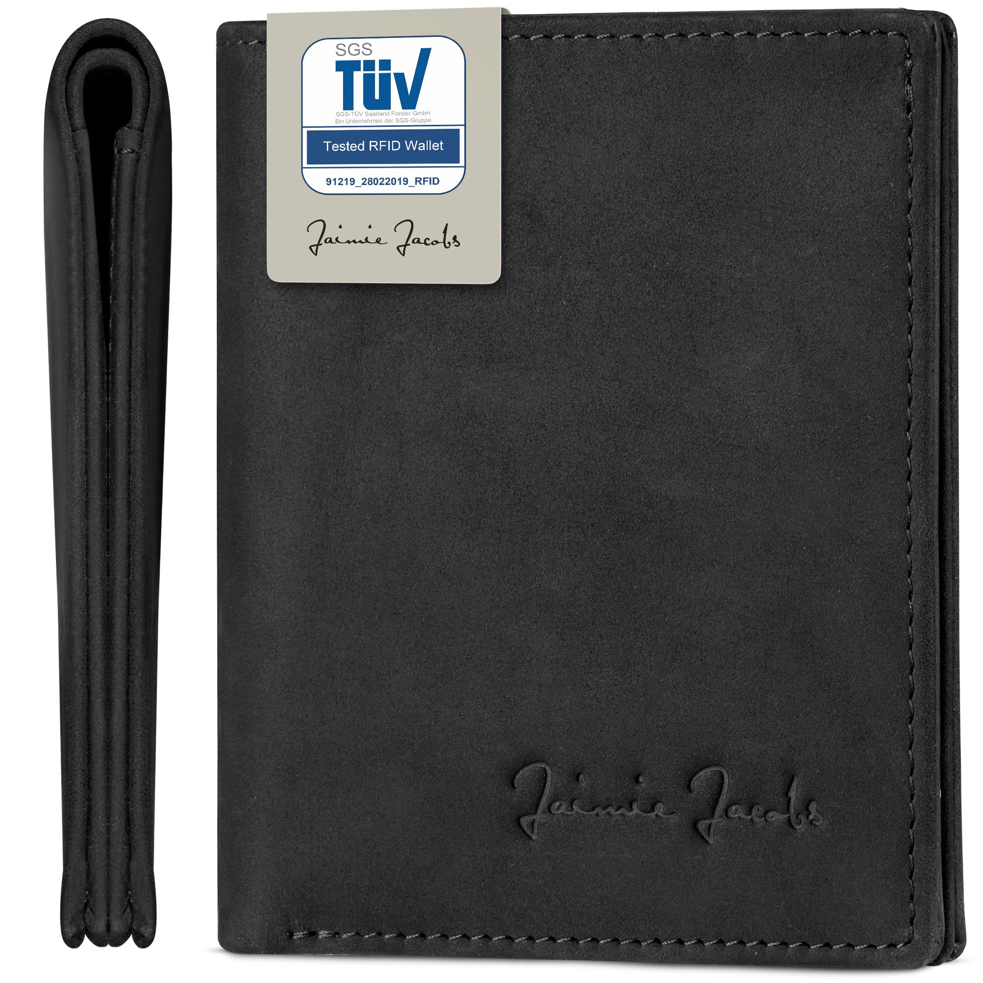 Jaimie Jacobs Slimstar Slim Wallet RFID & Münztasche (Büffelleder Schwarz) | Dünner Geldbeutel, hochformat, bis 11 Karten, 3 Schnellzugriff-Fächer, Geldscheine, kleine Münztasche, TÜV-RFID-Schutz